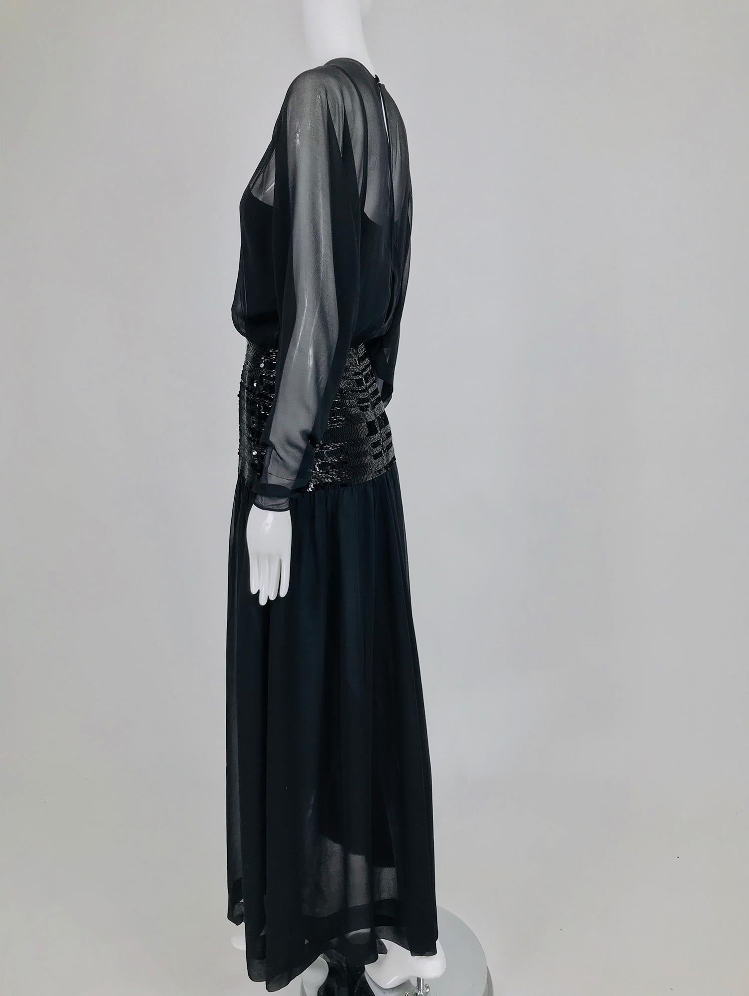 Chanel Black Silk Chiffon beaded Hip Dolman Sleeve Evening Gown 1980s 7