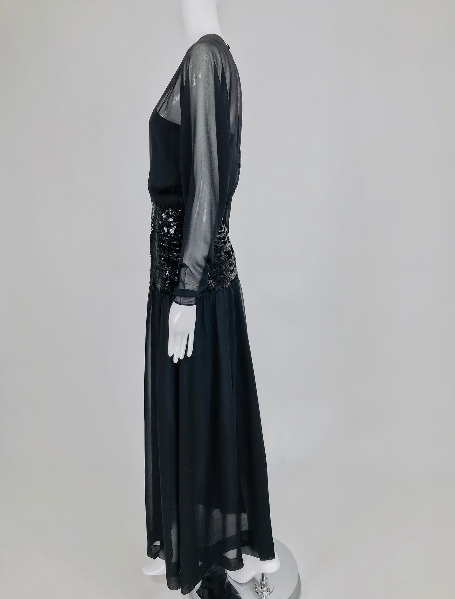 Chanel Black Silk Chiffon beaded Hip Dolman Sleeve Evening Gown 1980s 8