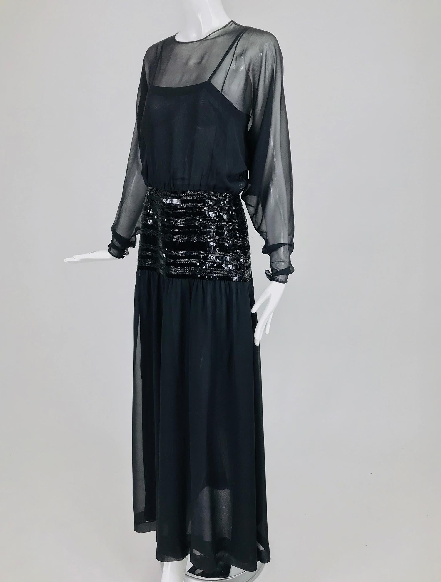 Chanel Black Silk Chiffon beaded Hip Dolman Sleeve Evening Gown 1980s 9