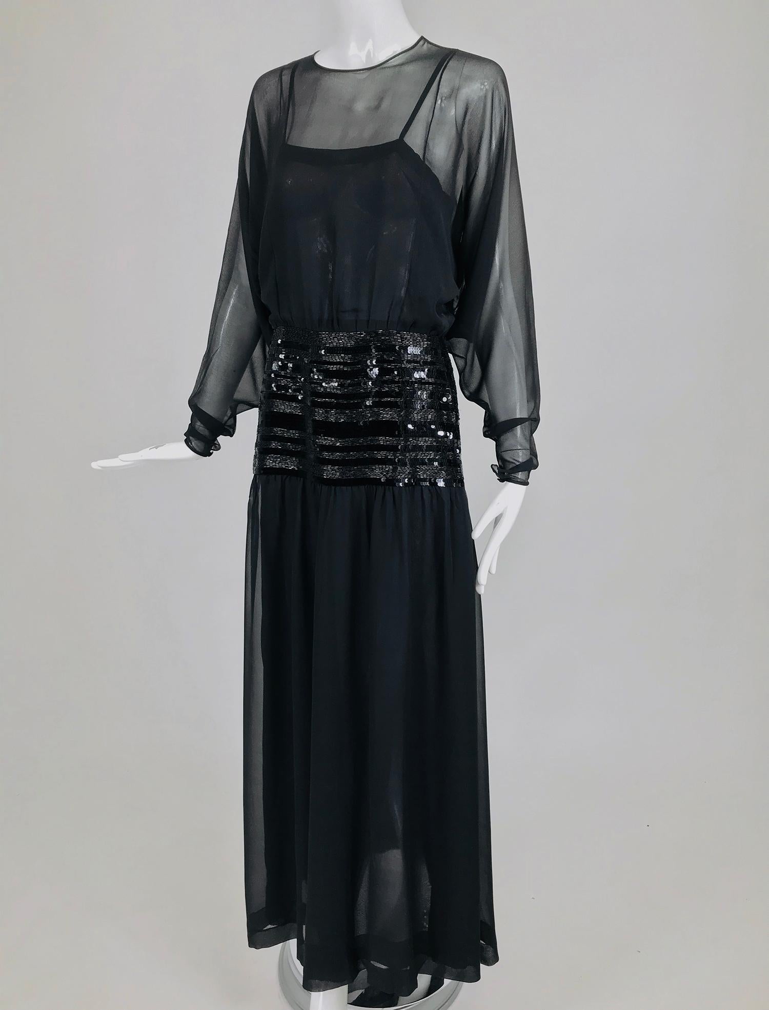 Chanel Black Silk Chiffon beaded Hip Dolman Sleeve Evening Gown 1980s 10