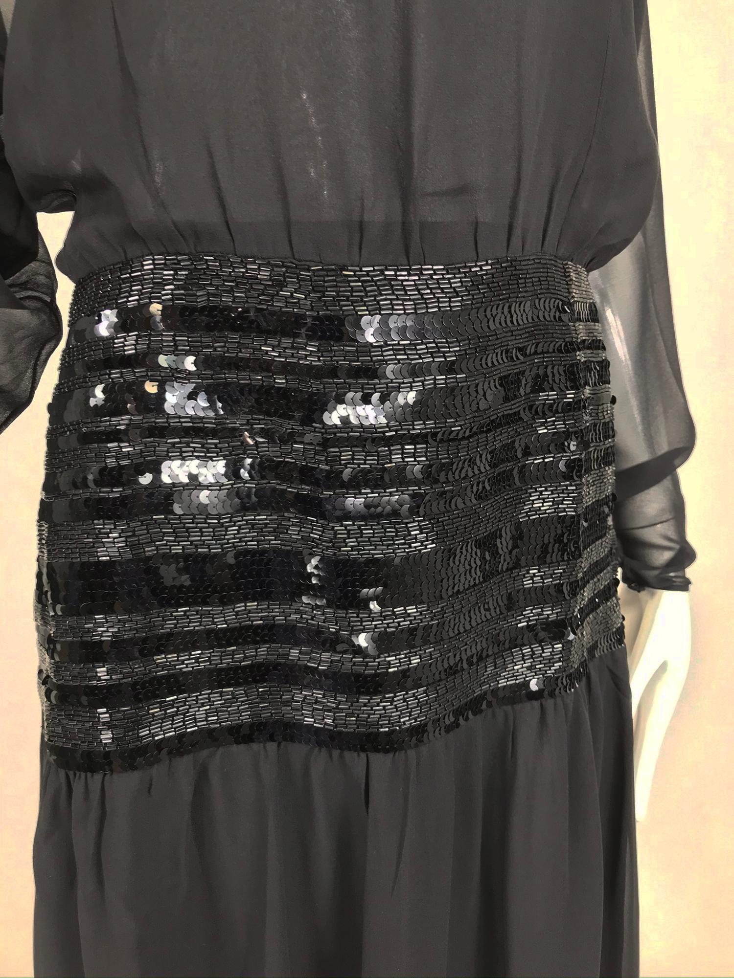Chanel Black Silk Chiffon beaded Hip Dolman Sleeve Evening Gown 1980s 11