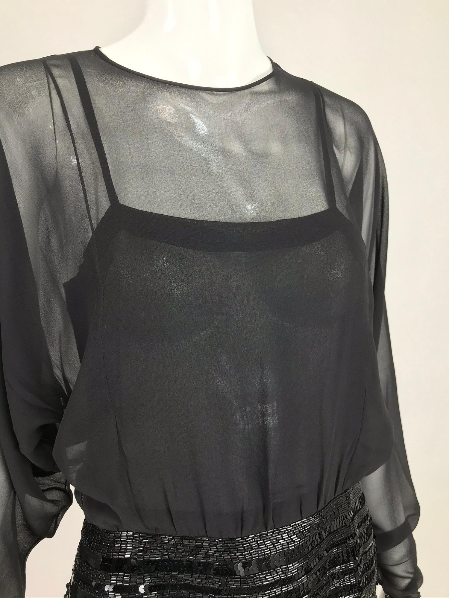 Chanel Black Silk Chiffon beaded Hip Dolman Sleeve Evening Gown 1980s 12
