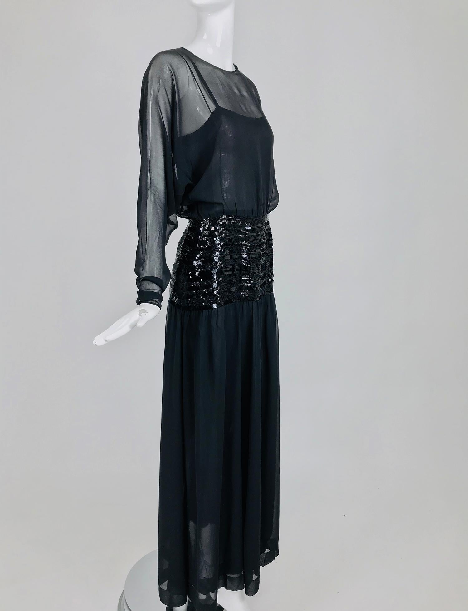 Chanel Black Silk Chiffon beaded Hip Dolman Sleeve Evening Gown 1980s In Excellent Condition In West Palm Beach, FL