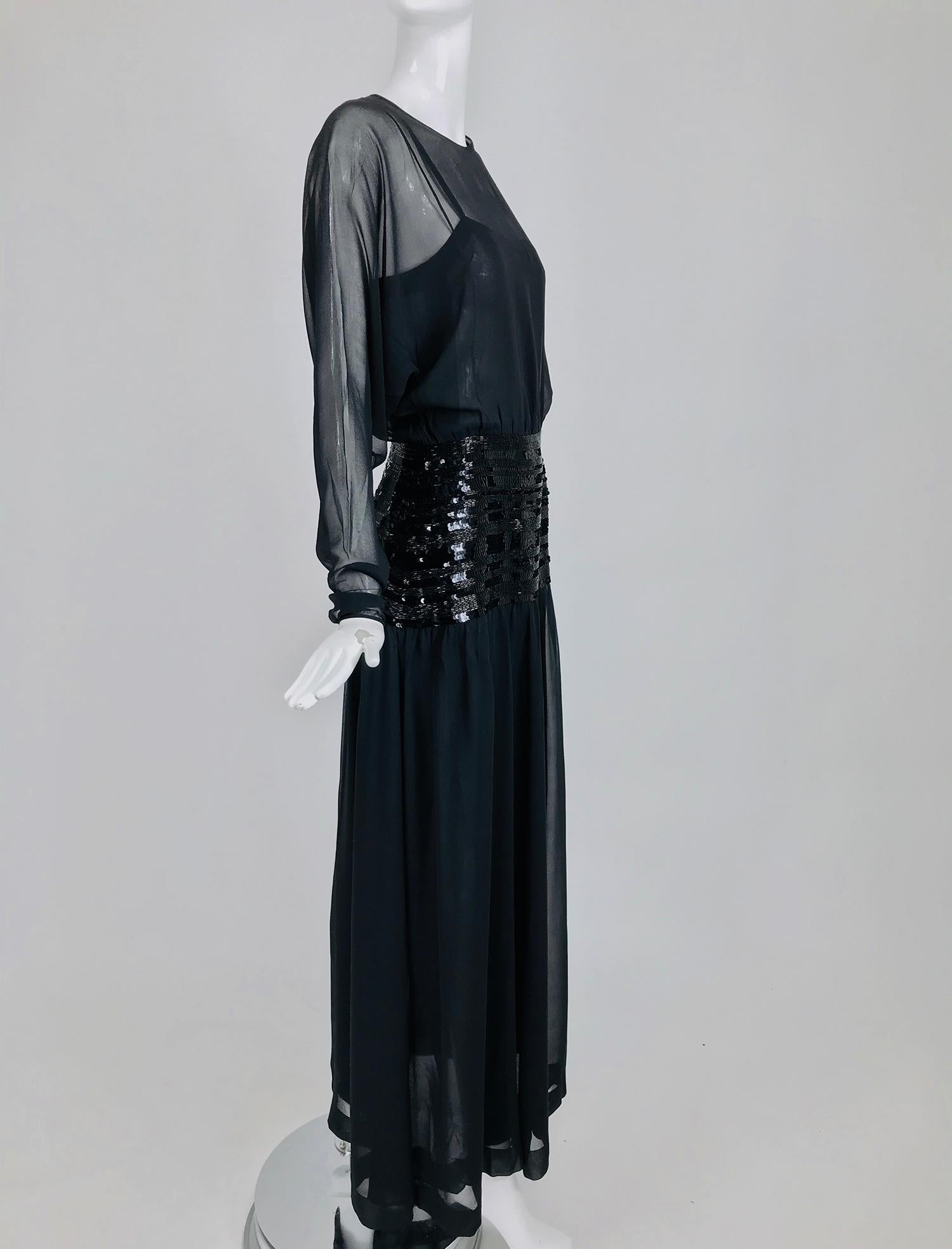 Women's Chanel Black Silk Chiffon beaded Hip Dolman Sleeve Evening Gown 1980s