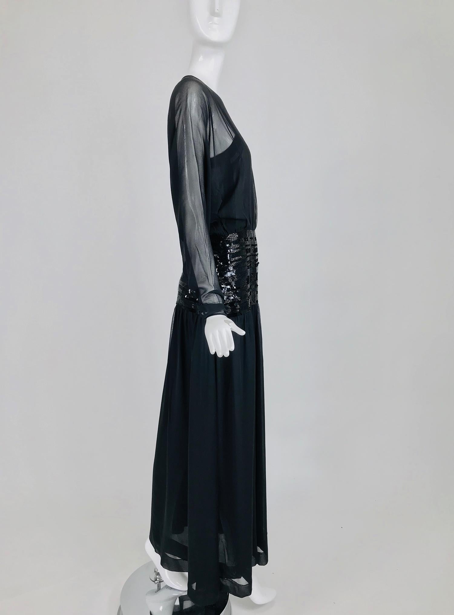 Chanel Black Silk Chiffon beaded Hip Dolman Sleeve Evening Gown 1980s 1