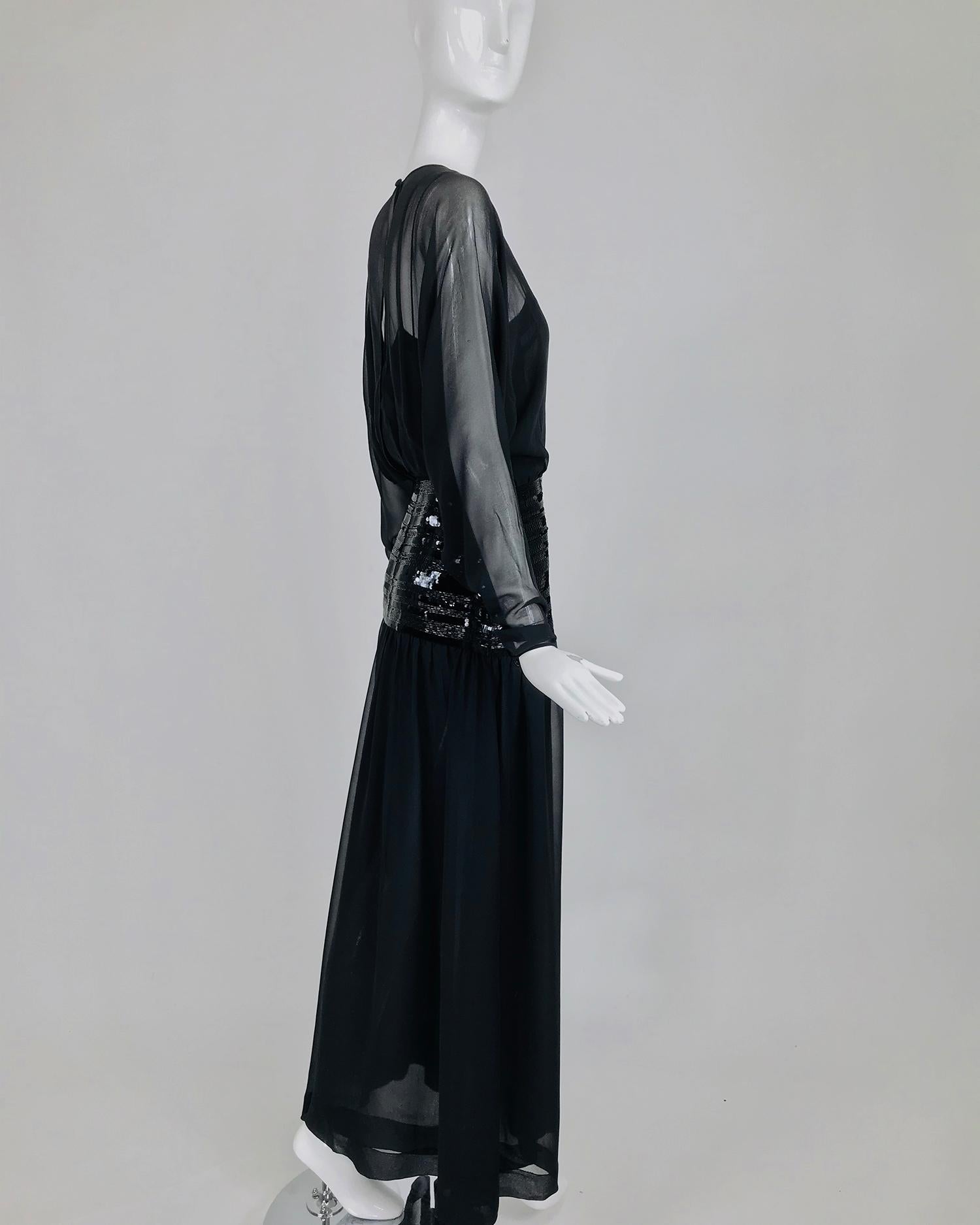 Chanel Black Silk Chiffon beaded Hip Dolman Sleeve Evening Gown 1980s 2