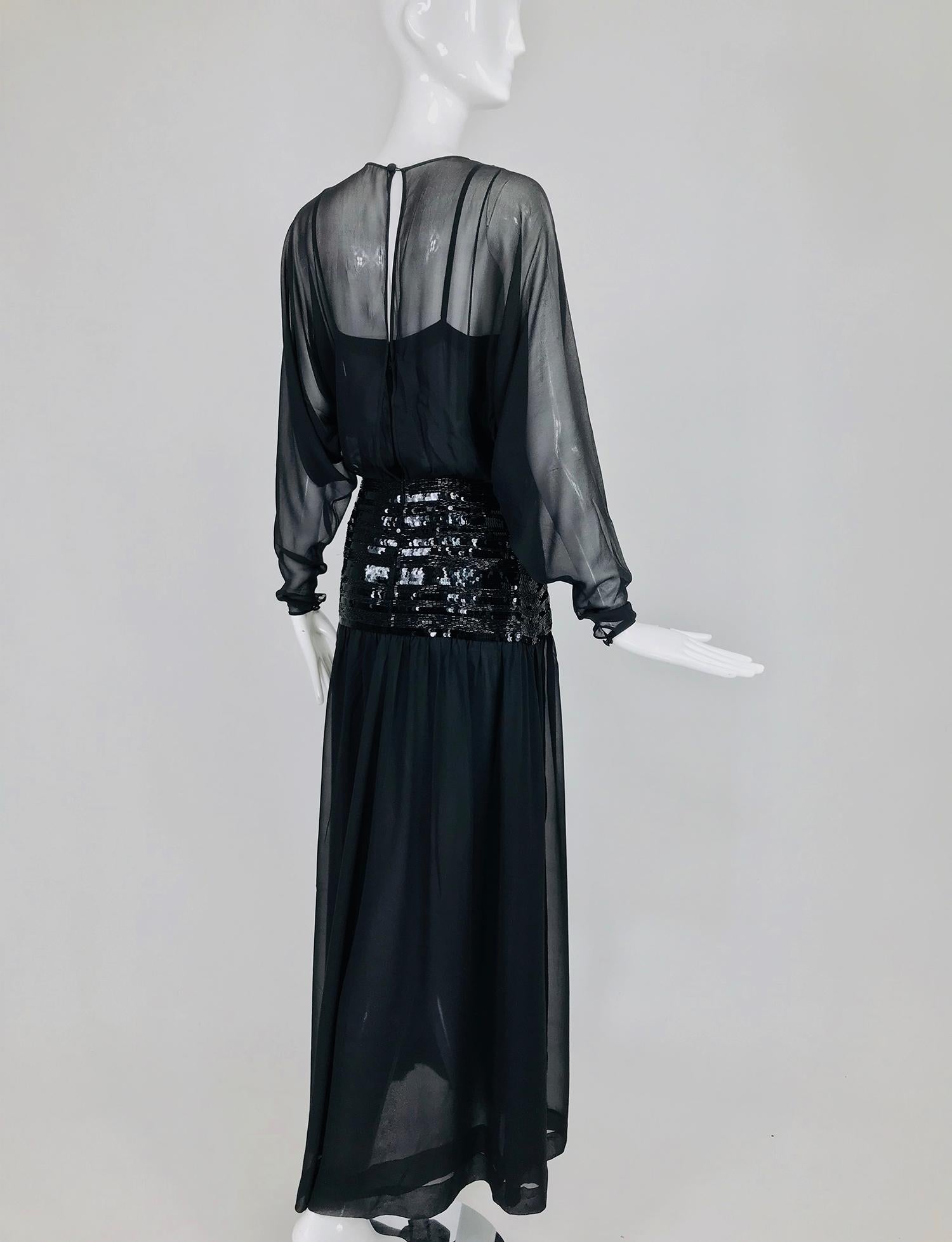 Chanel Black Silk Chiffon beaded Hip Dolman Sleeve Evening Gown 1980s 3