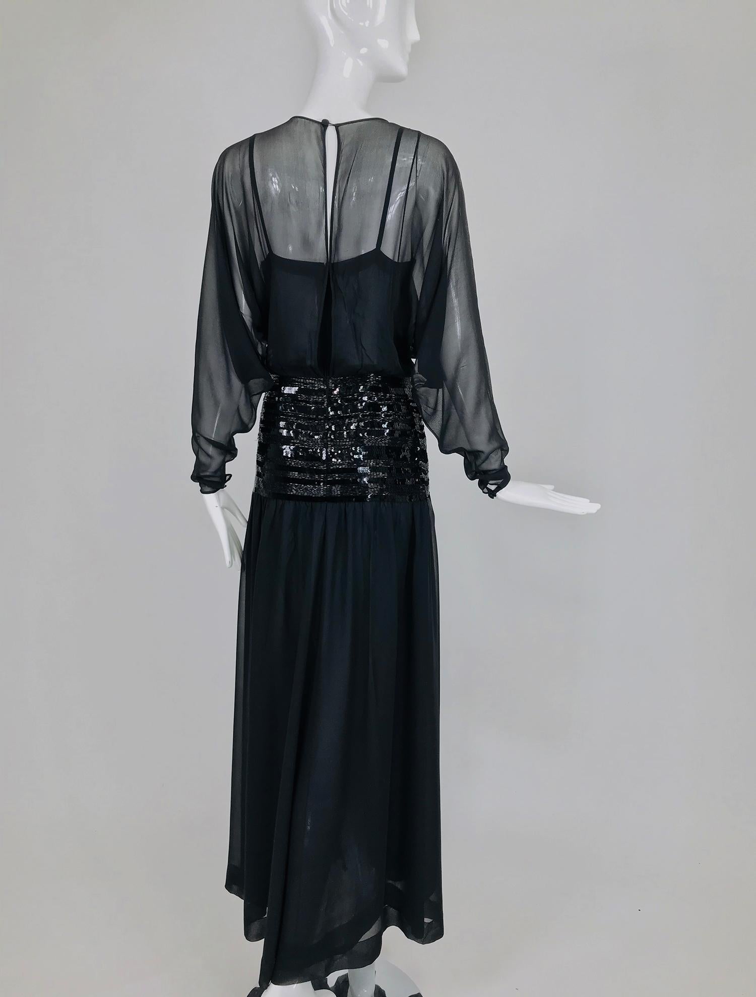 Chanel Black Silk Chiffon beaded Hip Dolman Sleeve Evening Gown 1980s 4