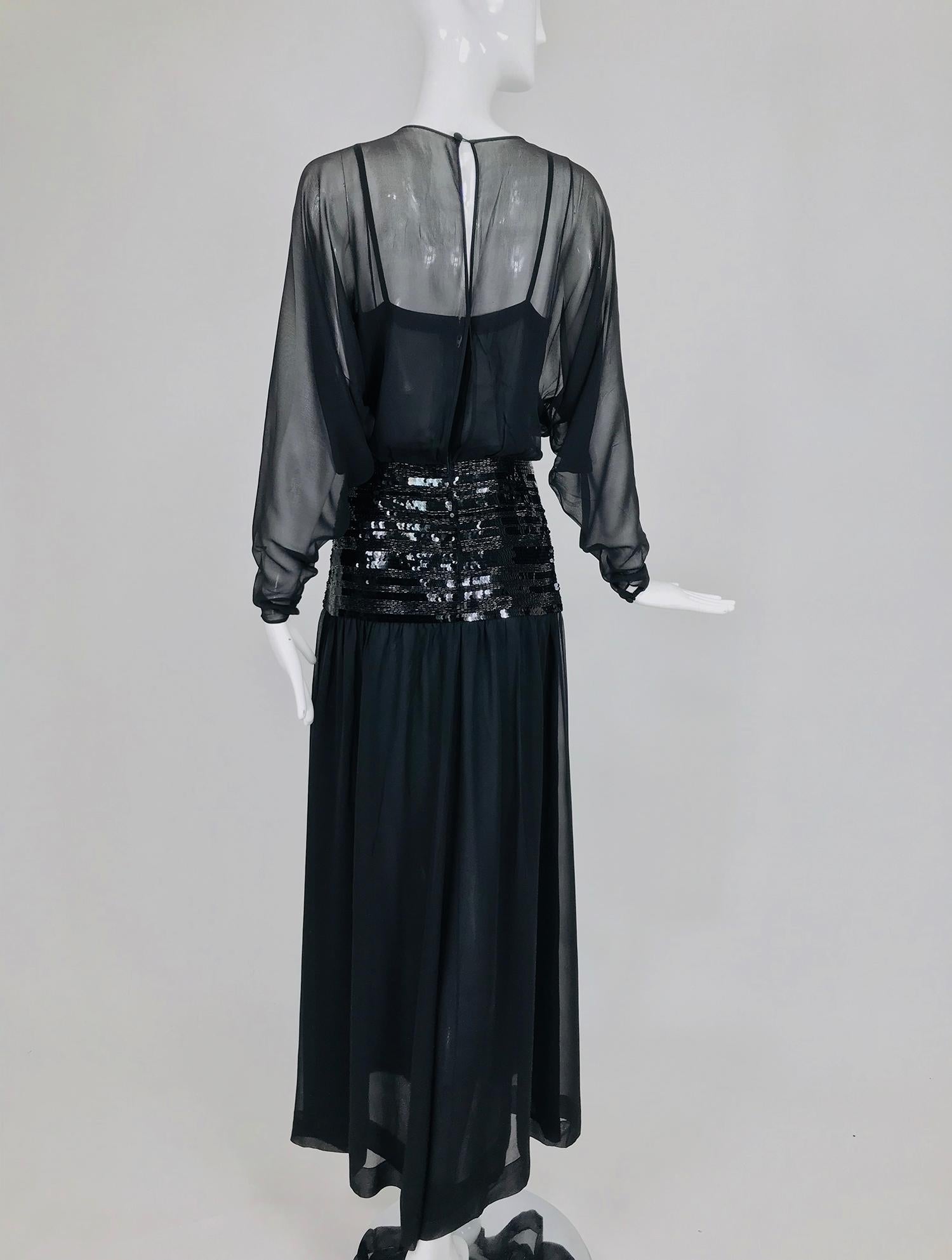 Chanel Black Silk Chiffon beaded Hip Dolman Sleeve Evening Gown 1980s 5
