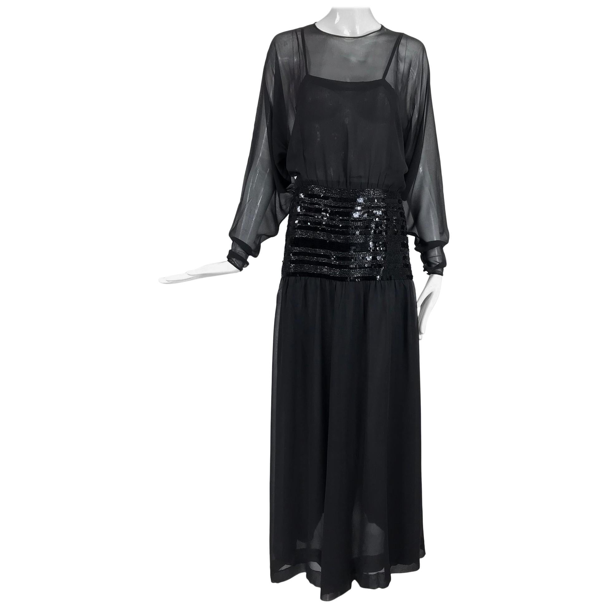 Chanel Black Silk Chiffon beaded Hip Dolman Sleeve Evening Gown 1980s