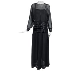 Chanel Black Silk Chiffon beaded Hip Dolman Sleeve Evening Gown 1980s