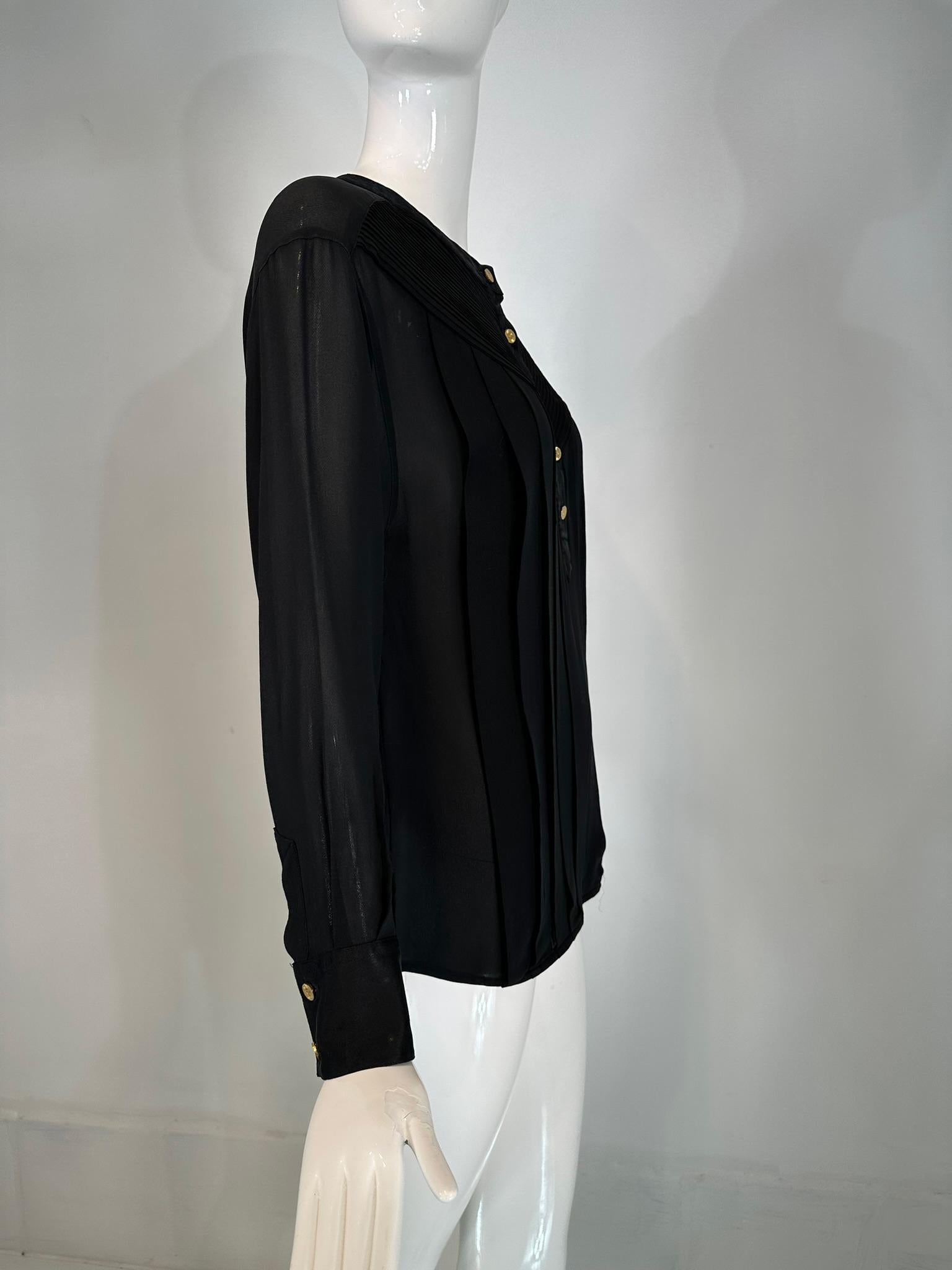 Chanel Black Silk Chiffon & Satin Pleated Long Sleeve Button Front Blouse For Sale 6