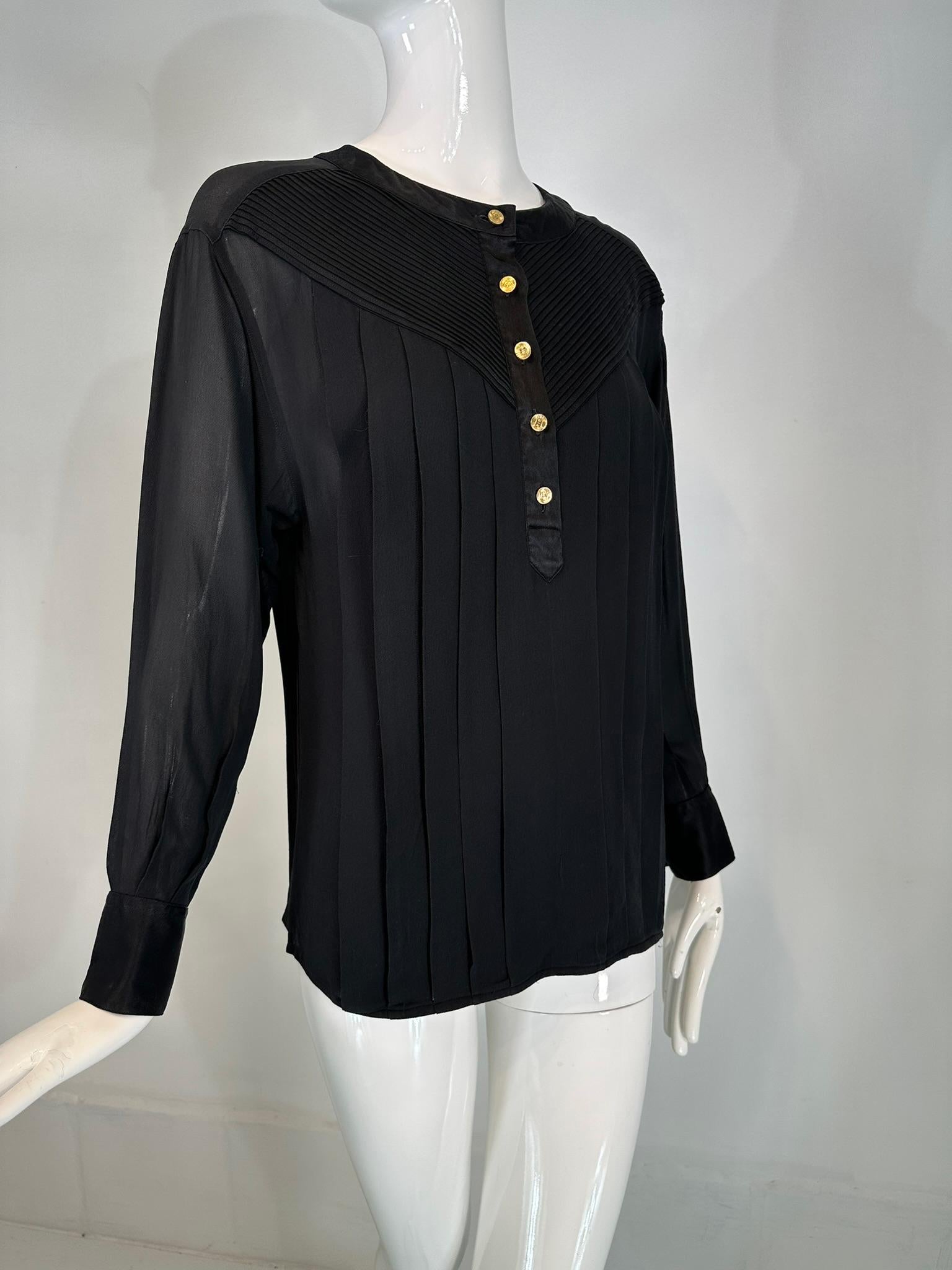 Chanel Black Silk Chiffon & Satin Pleated Long Sleeve Button Front Blouse For Sale 7