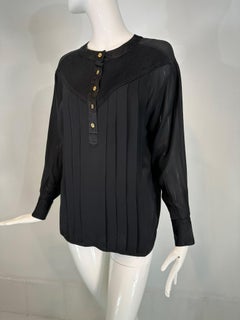 Chanel Black Silk Chiffon & Satin Pleated Long Sleeve Button Front Blouse
