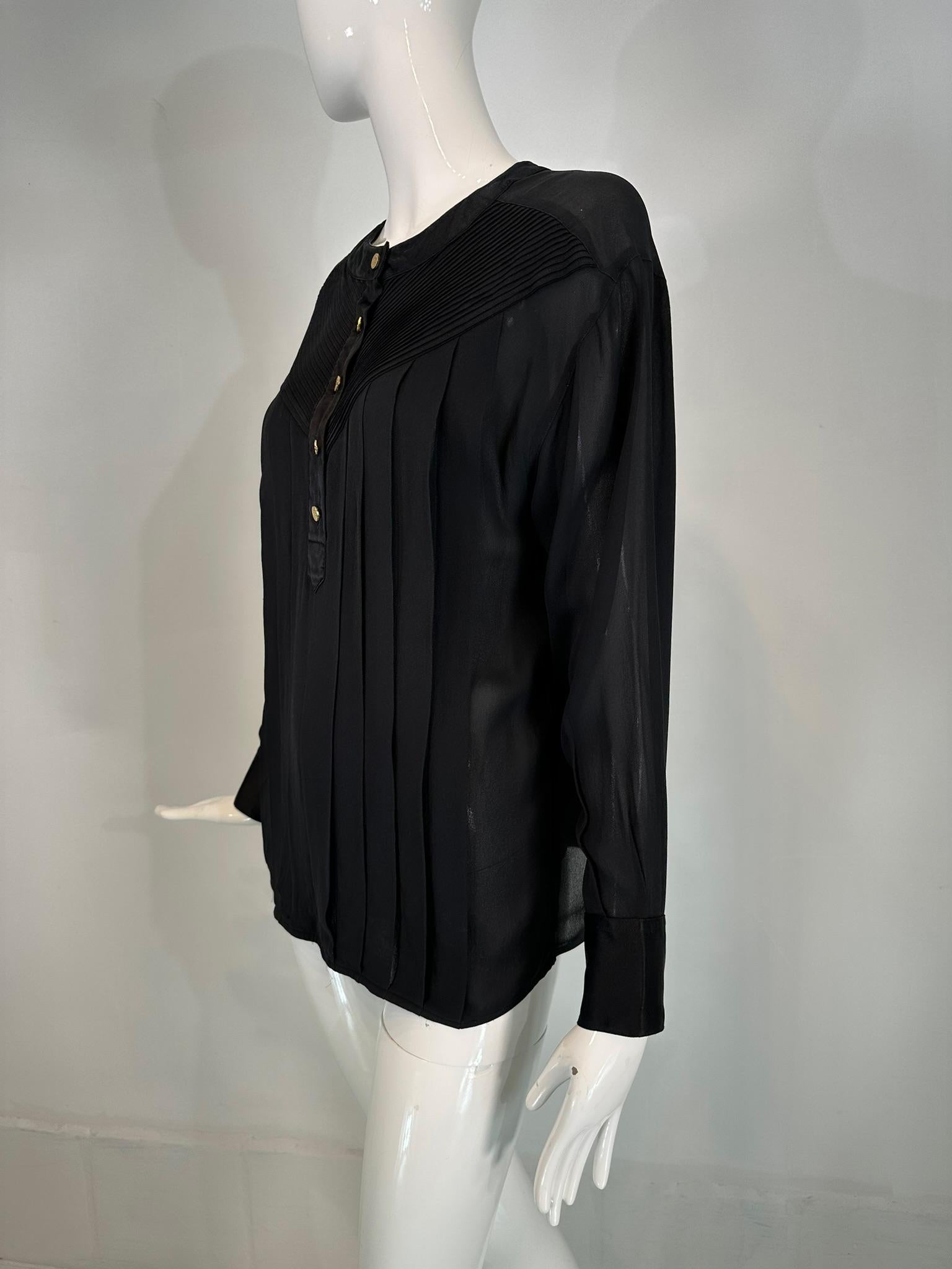 Chanel Black Silk Chiffon & Satin Pleated Long Sleeve Button Front Blouse In Good Condition In West Palm Beach, FL