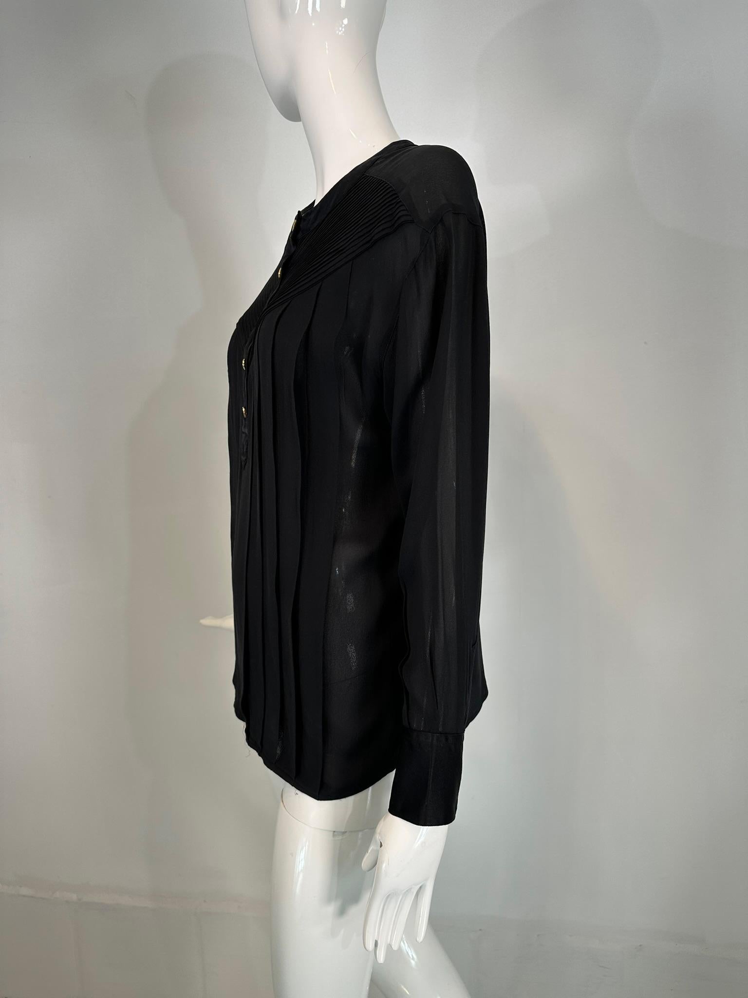 Women's Chanel Black Silk Chiffon & Satin Pleated Long Sleeve Button Front Blouse