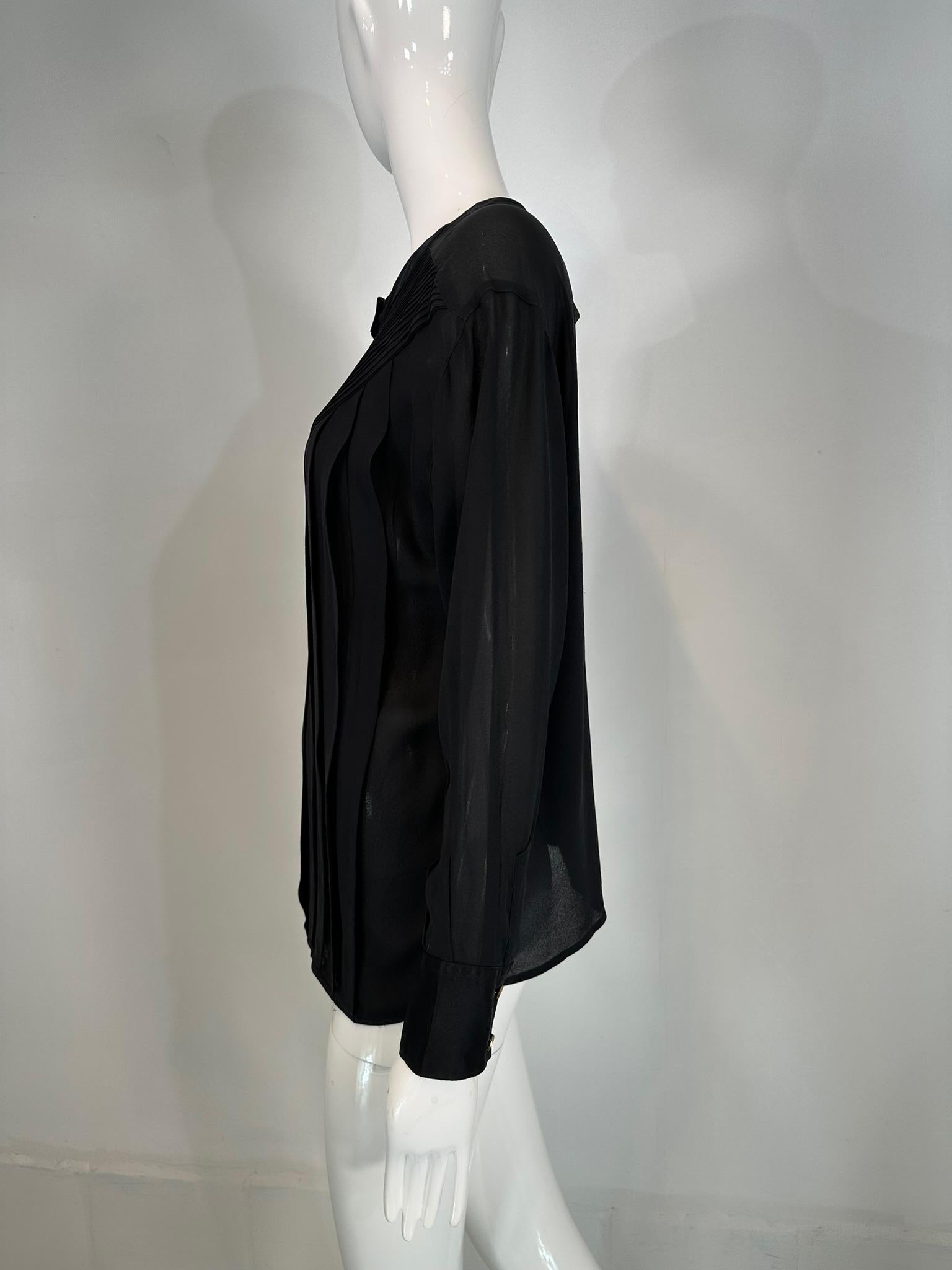 Chanel Black Silk Chiffon & Satin Pleated Long Sleeve Button Front Blouse For Sale 1