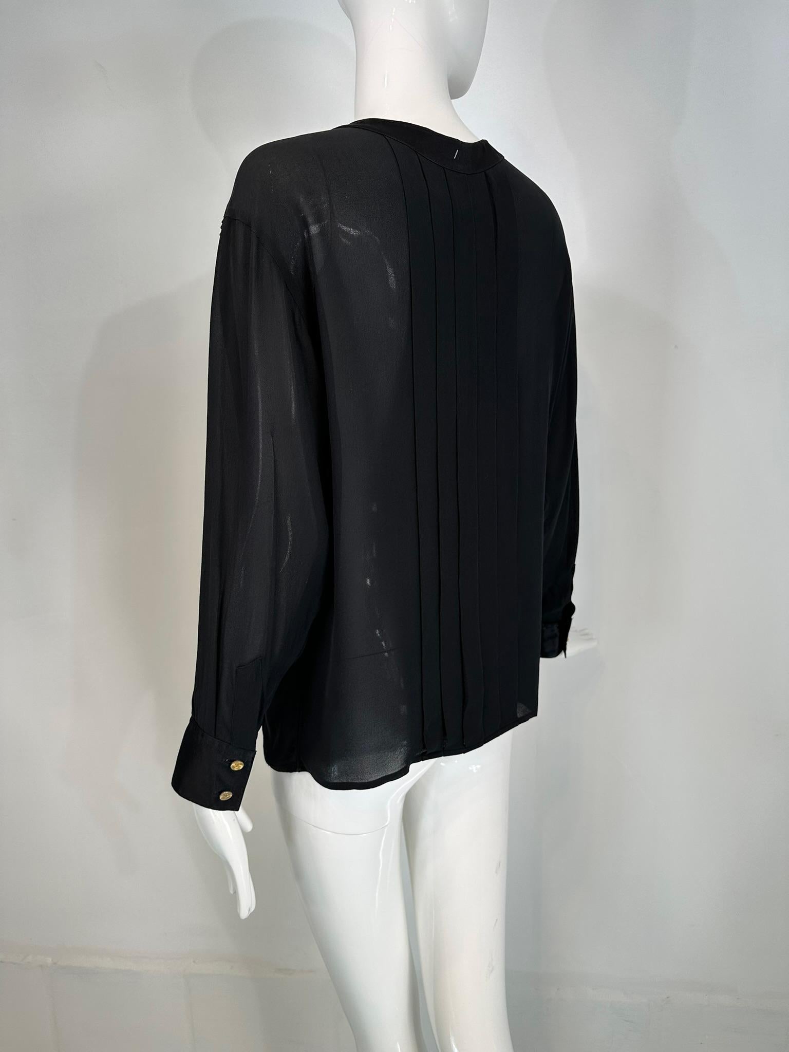 Chanel Black Silk Chiffon & Satin Pleated Long Sleeve Button Front Blouse For Sale 2