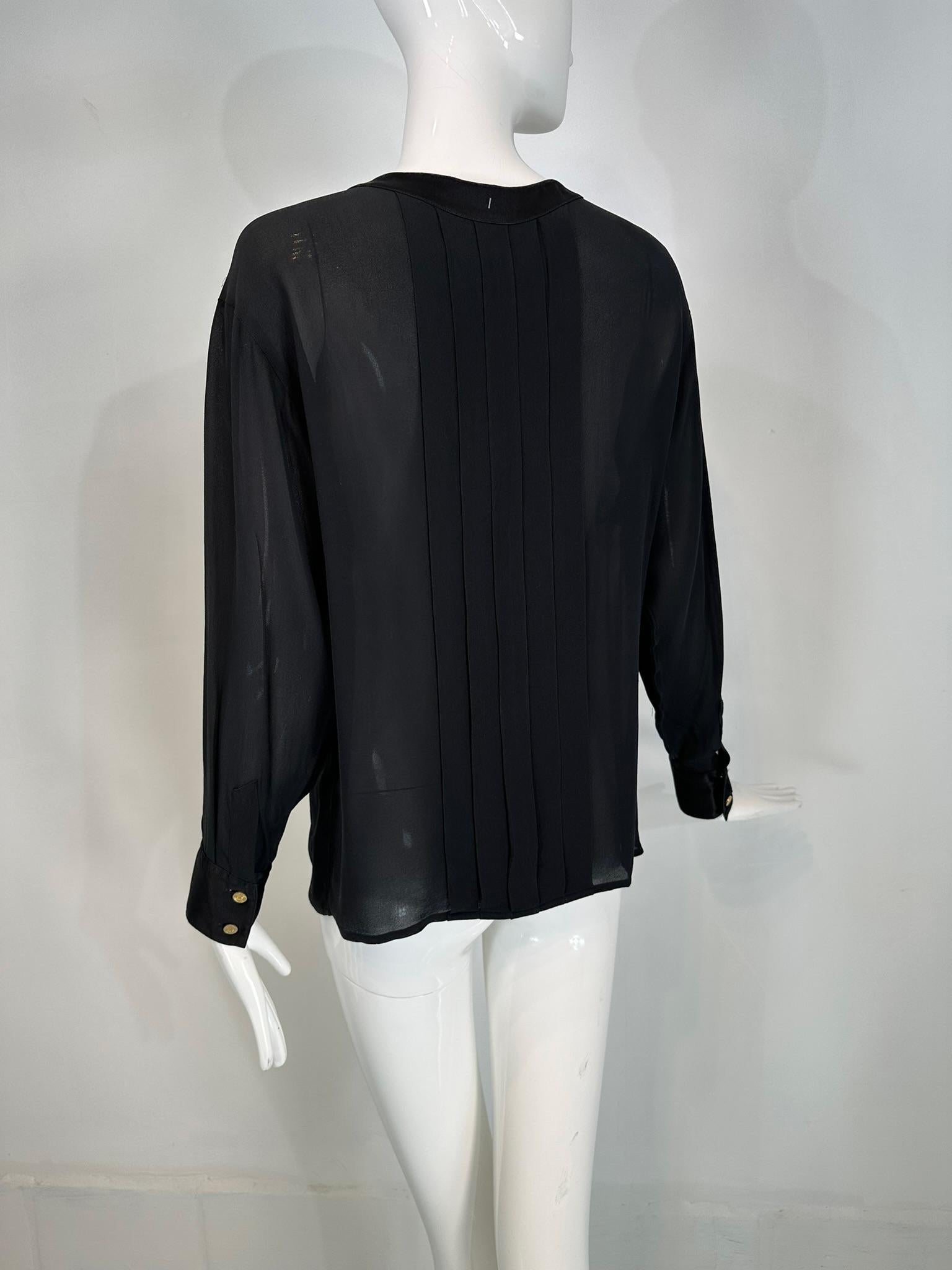 Chanel Black Silk Chiffon & Satin Pleated Long Sleeve Button Front Blouse For Sale 3