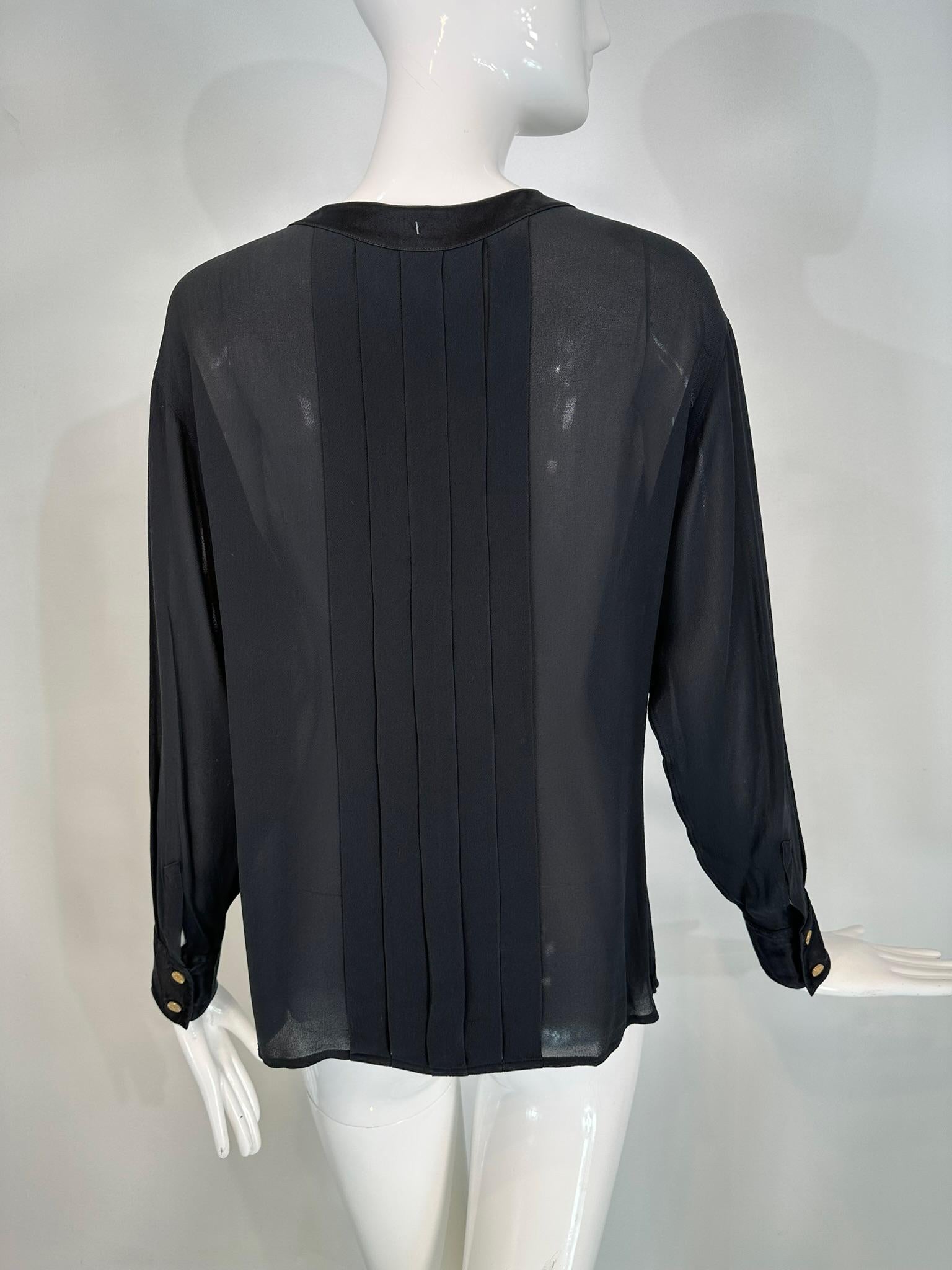 Chanel Black Silk Chiffon & Satin Pleated Long Sleeve Button Front Blouse For Sale 4