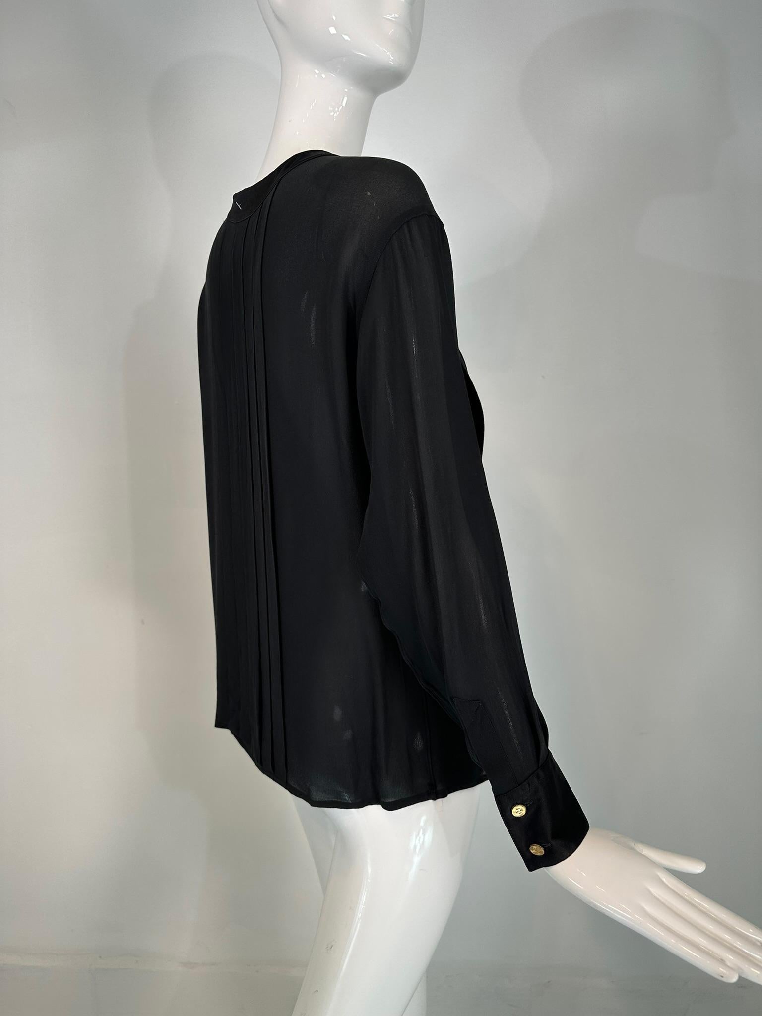 Chanel Black Silk Chiffon & Satin Pleated Long Sleeve Button Front Blouse For Sale 5