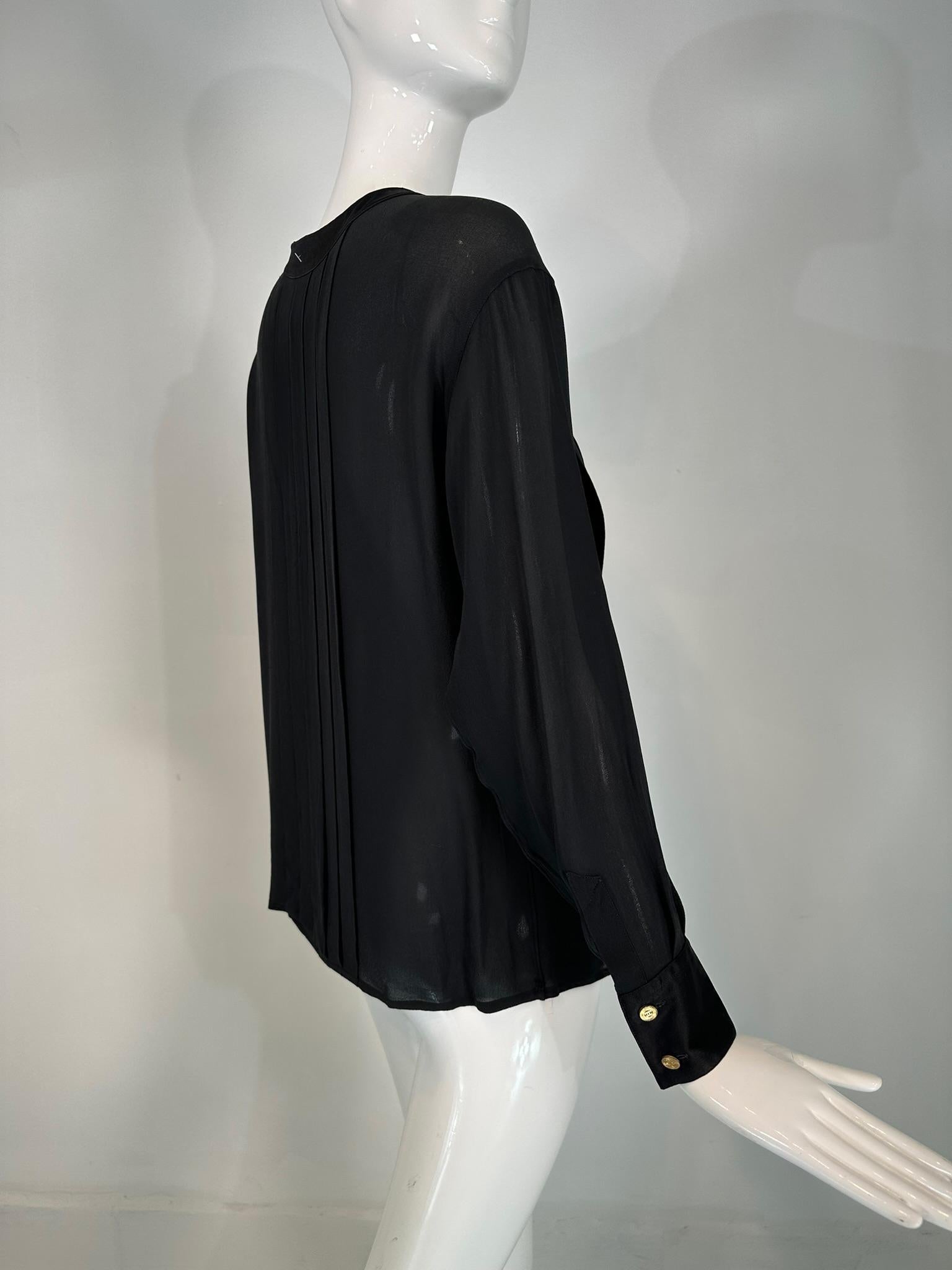 Chanel Black Silk Chiffon & Satin Pleated Long Sleeve Button Front Blouse 5