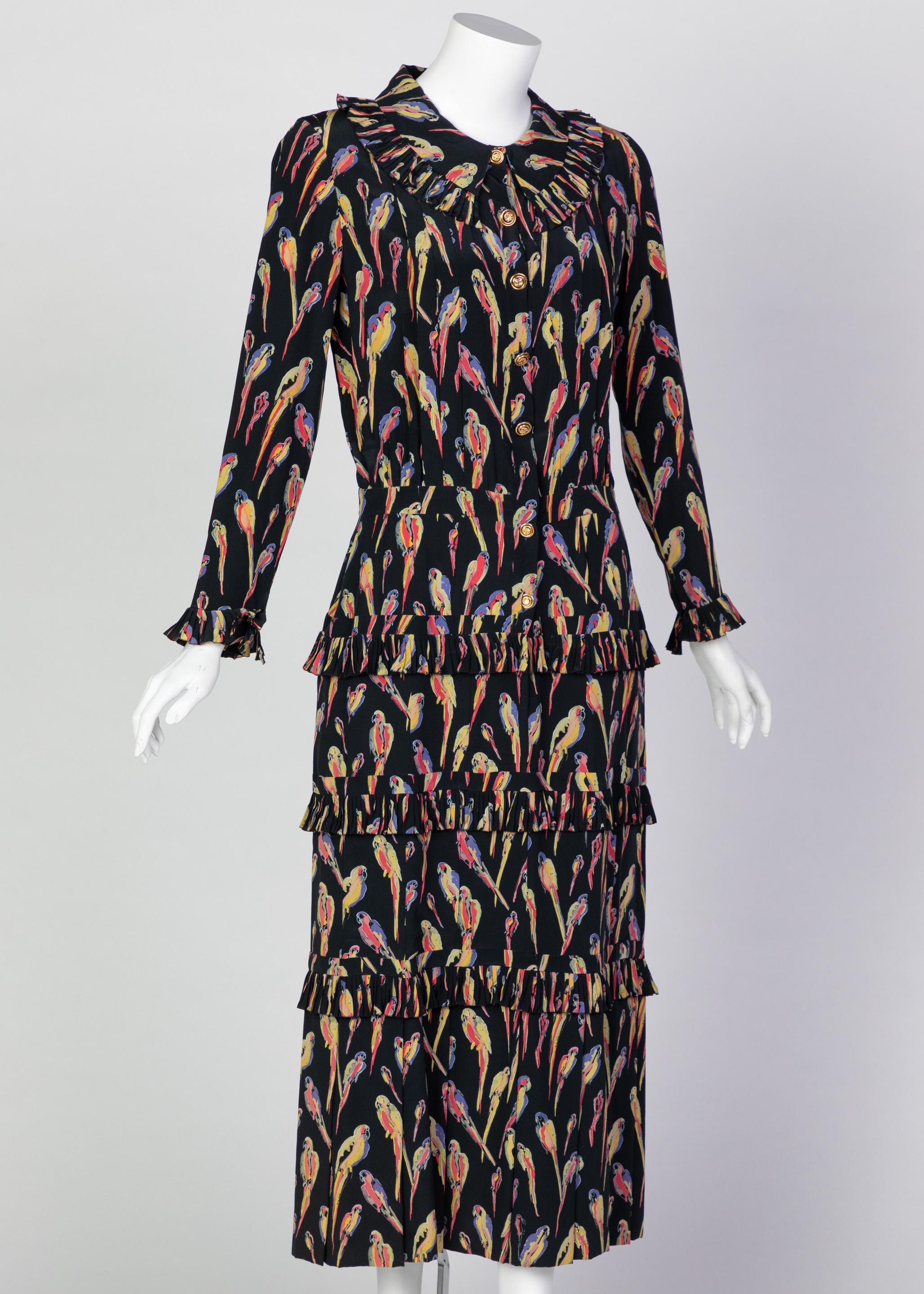 Chanel Black Silk Colorful Bird Print Gold Button Dress, 1980s In Excellent Condition In Boca Raton, FL