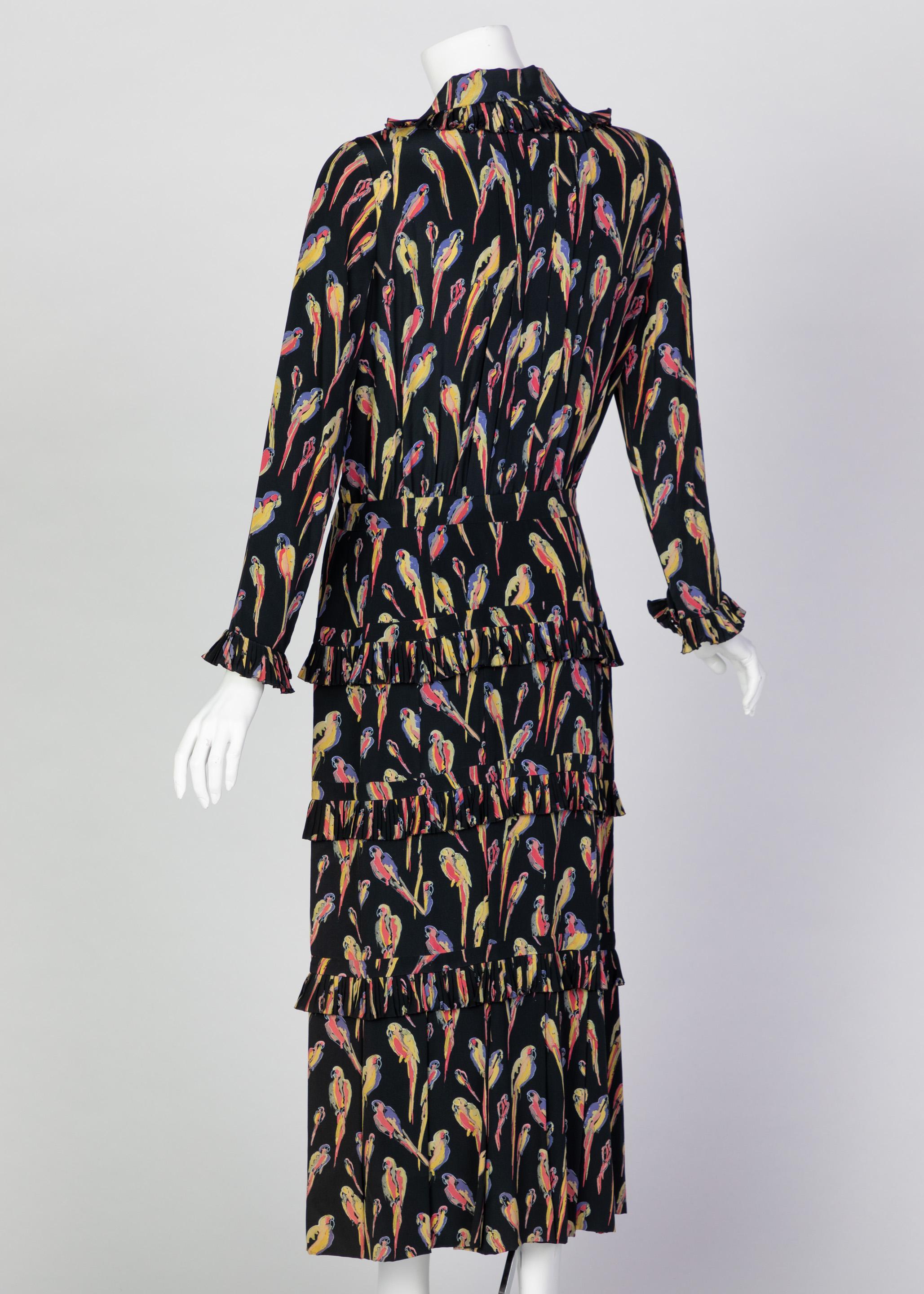 Women's Chanel Black Silk Colorful Bird Print Gold Button Dress, 1980s