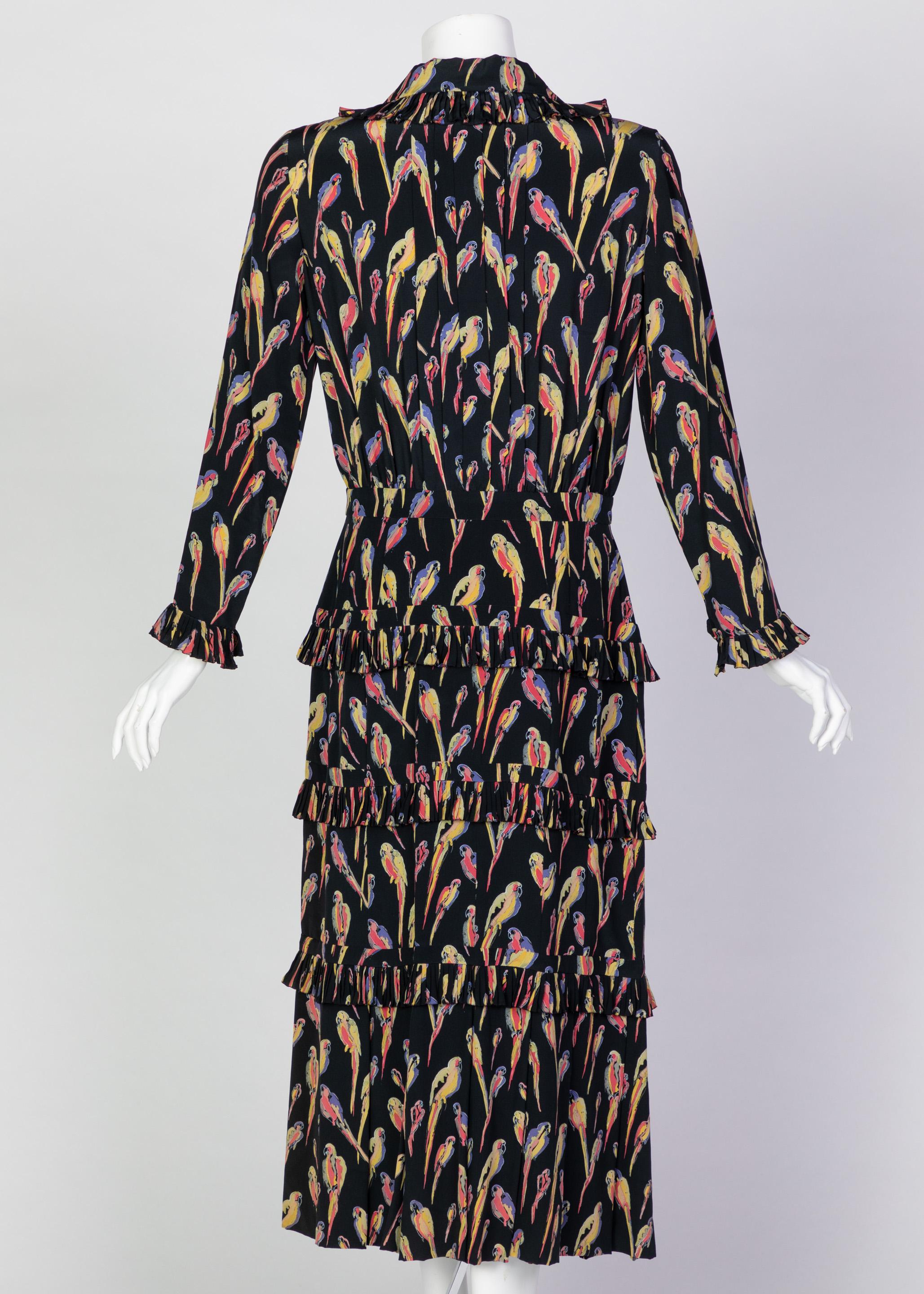 Chanel Black Silk Colorful Bird Print Gold Button Dress, 1980s 1
