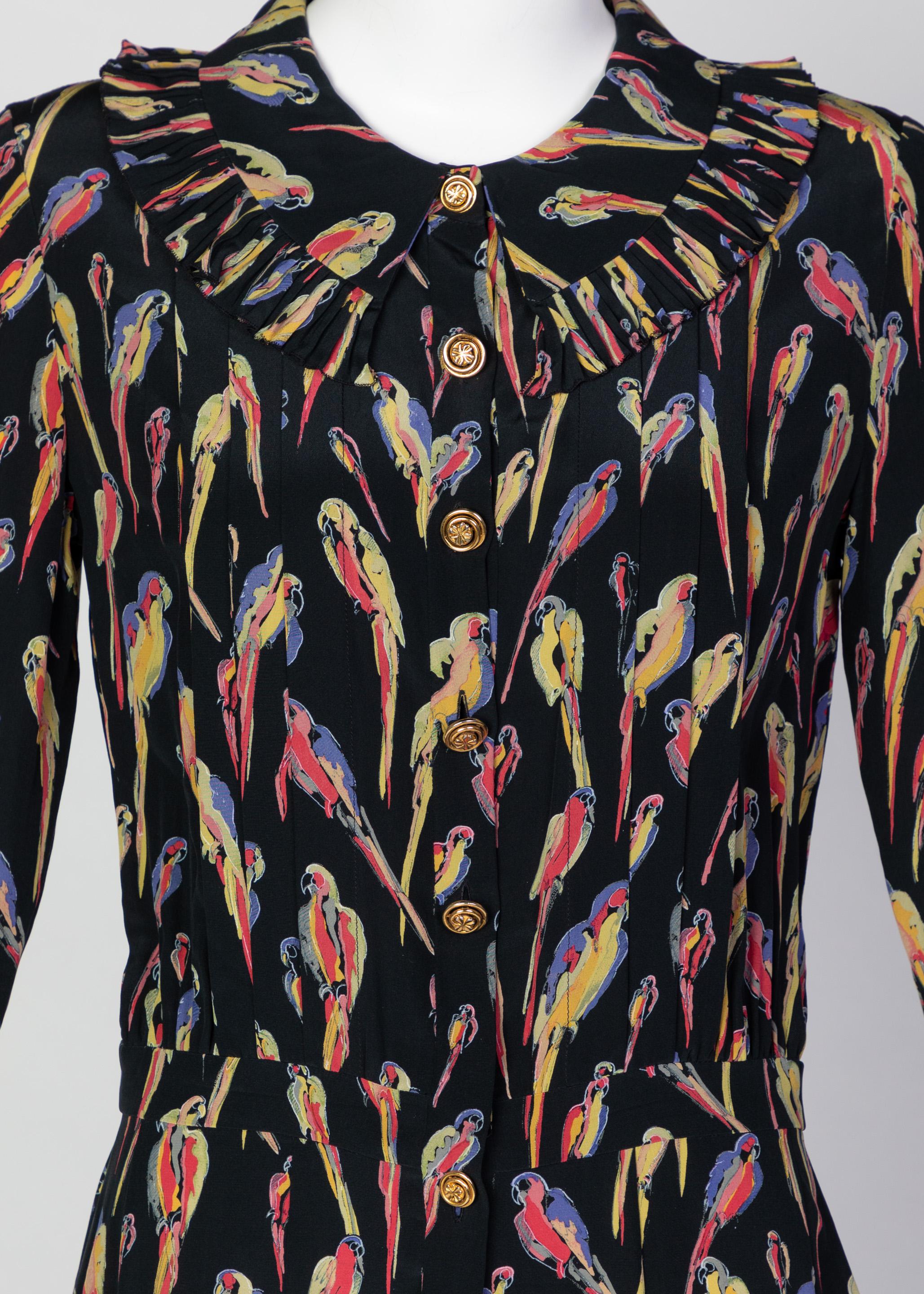 Chanel Black Silk Colorful Bird Print Gold Button Dress, 1980s 2