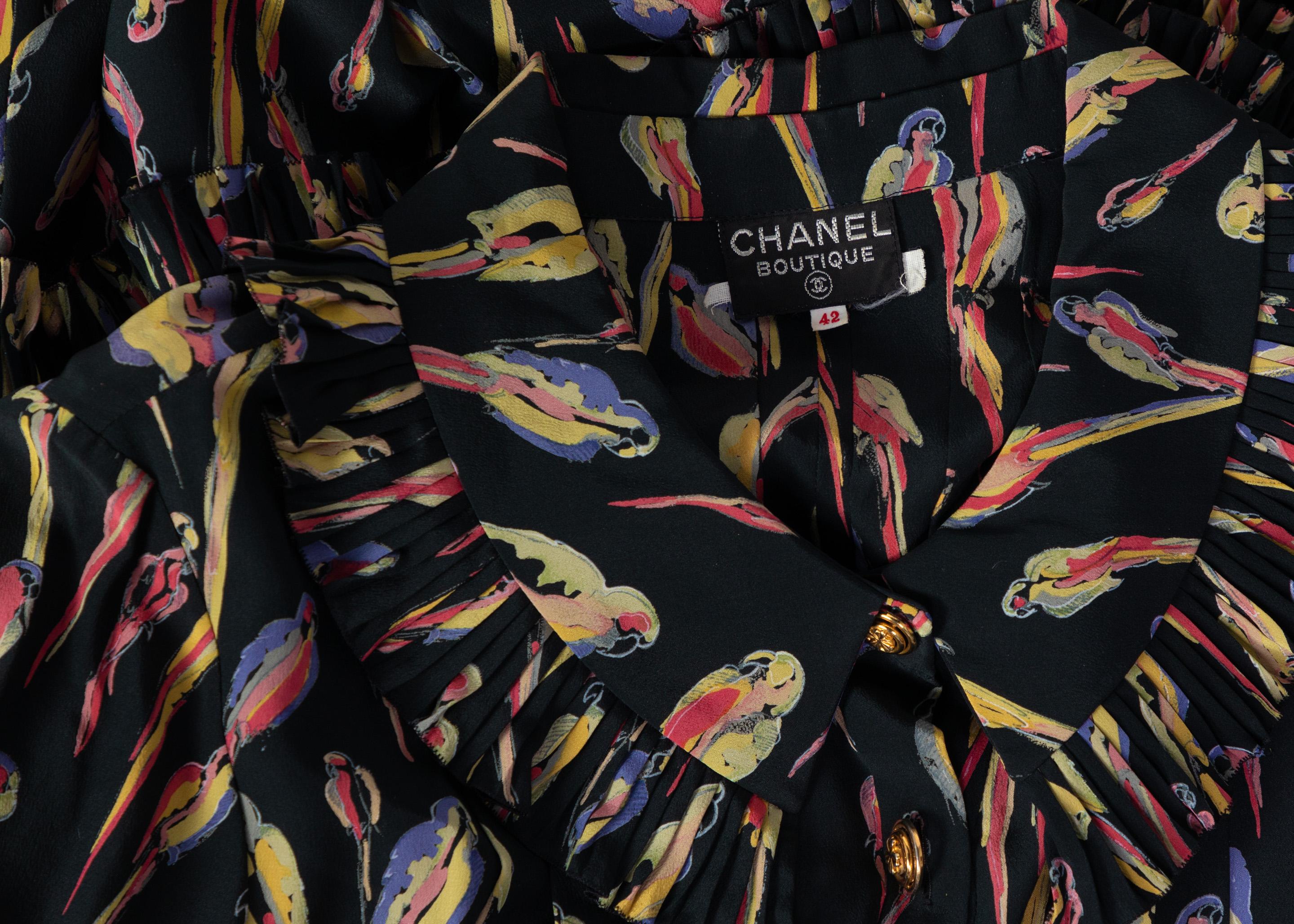 Chanel Black Silk Colorful Bird Print Gold Button Dress, 1980s 4