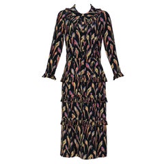 Chanel Black Silk Colorful Bird Print Gold Button Dress, 1980s