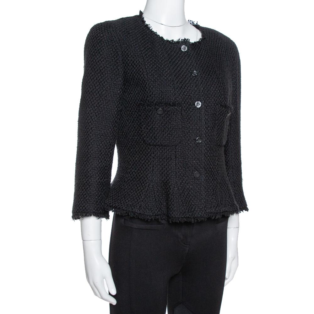 Chanel Black Silk & Cotton Fringed Button Front Jacket L In Good Condition In Dubai, Al Qouz 2