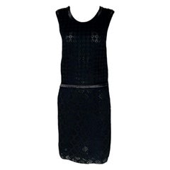 CHANEL Black Silk Crochet Knit Dress CC Star Logo Buttons 38