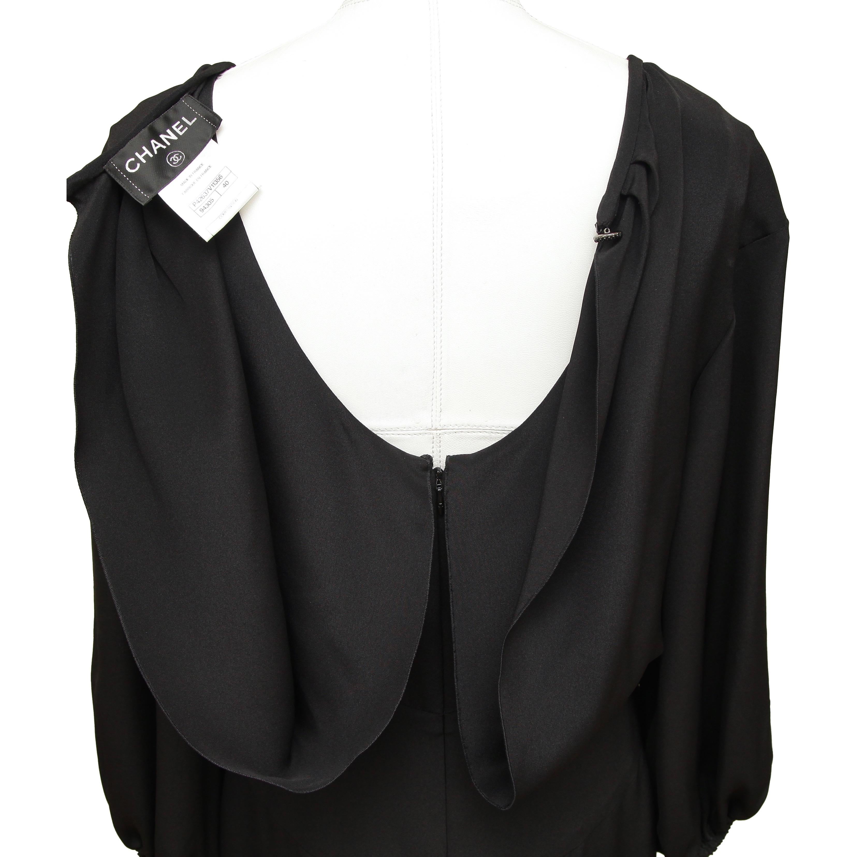 CHANEL Black Dress Silk 3/4 Sleeve Bateau Neck Shift Midi Length Sz 40 2012 12C 2