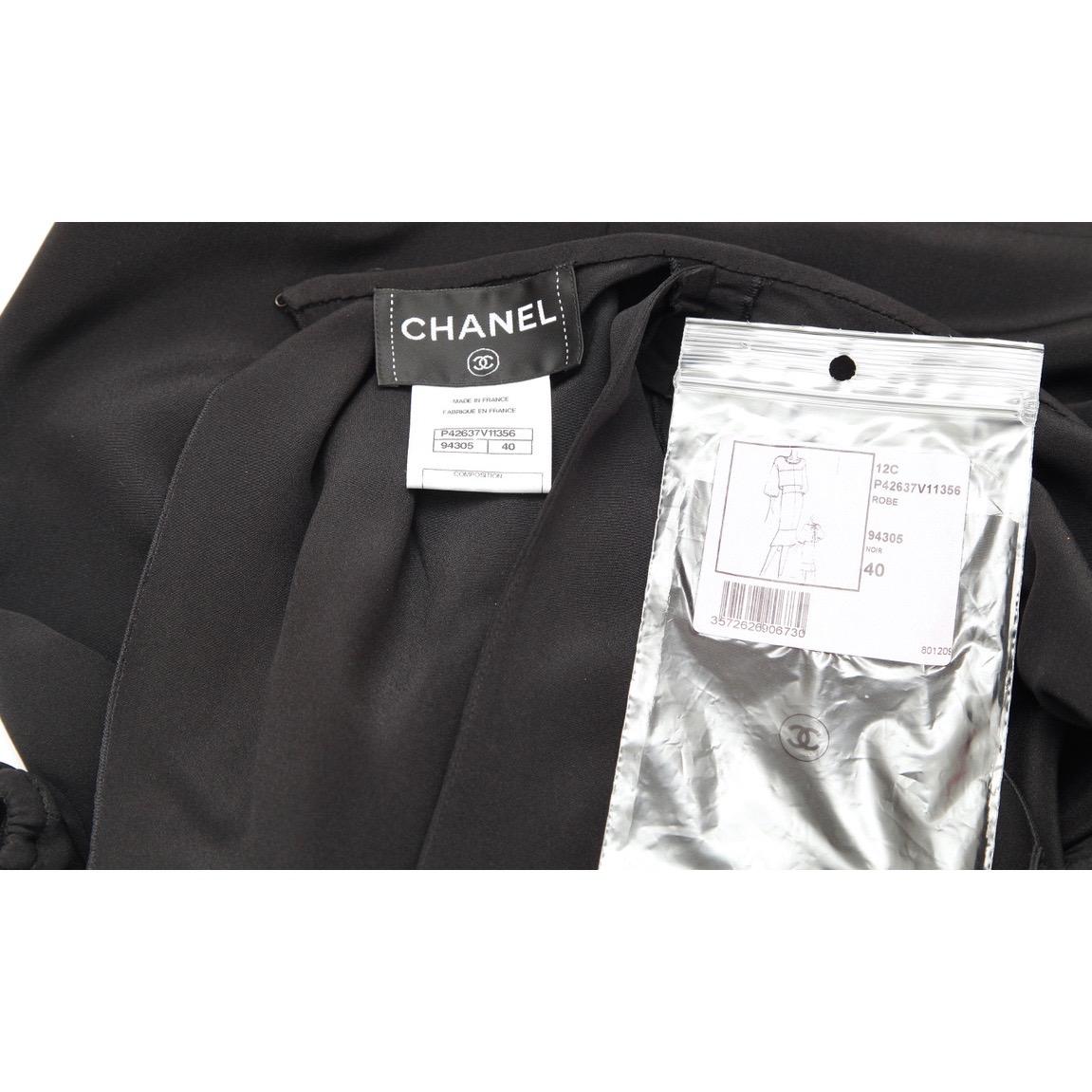 CHANEL Black Dress Silk 3/4 Sleeve Bateau Neck Shift Midi Length Sz 40 2012 12C 3
