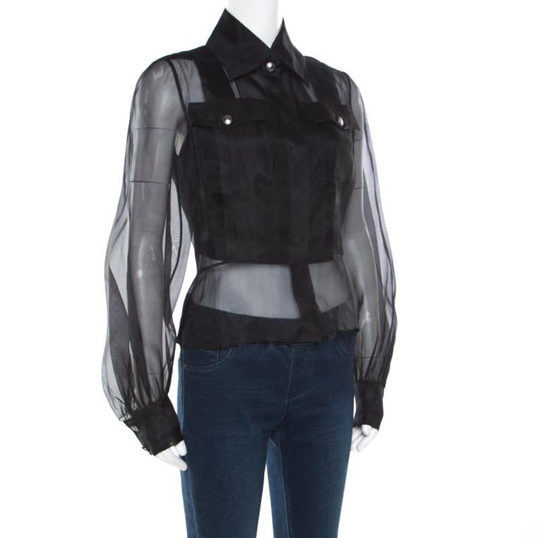 Chanel Black Silk Long Sleeve Sheer Blouse S For Sale at 1stDibs ...