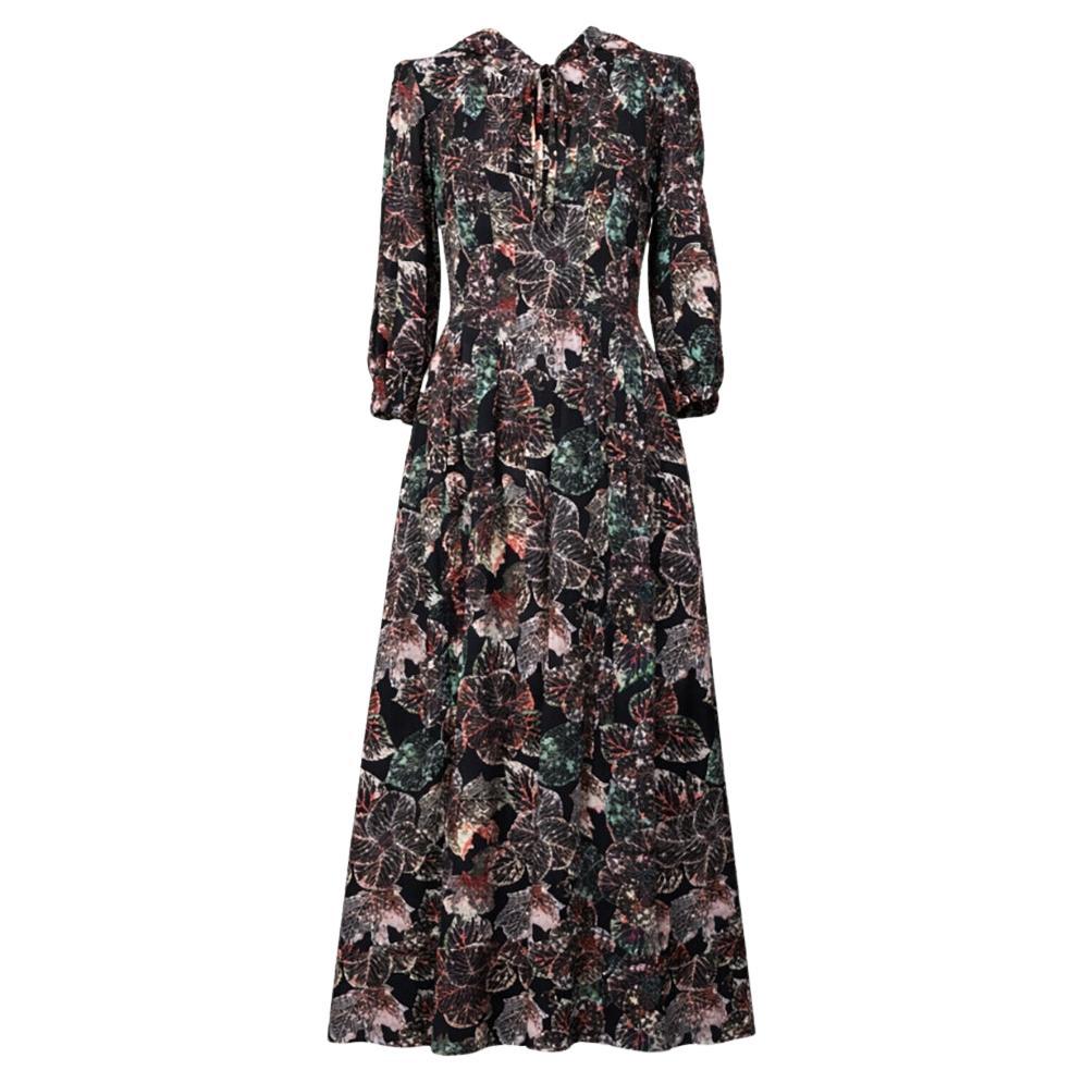 CHANEL Black Silk Maxi Dress with CC & Autumn Leaf Print 34 FR