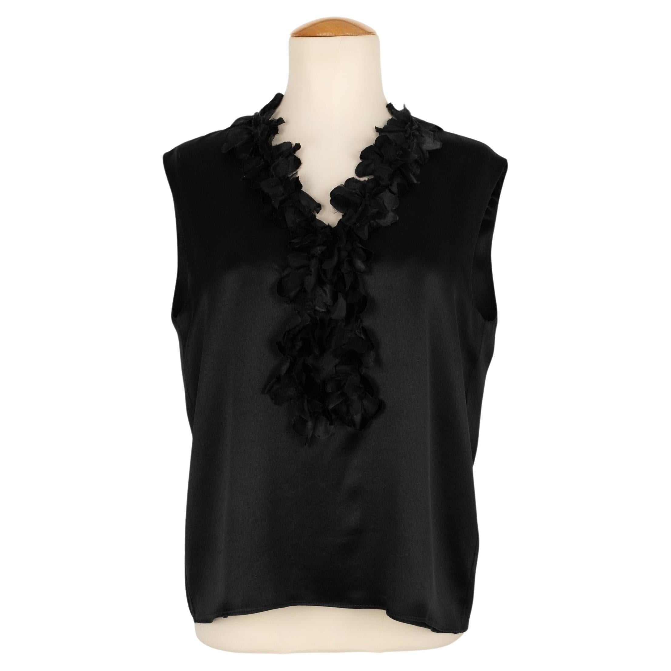 Chanel Black Silk Satin Blouse Top For Sale