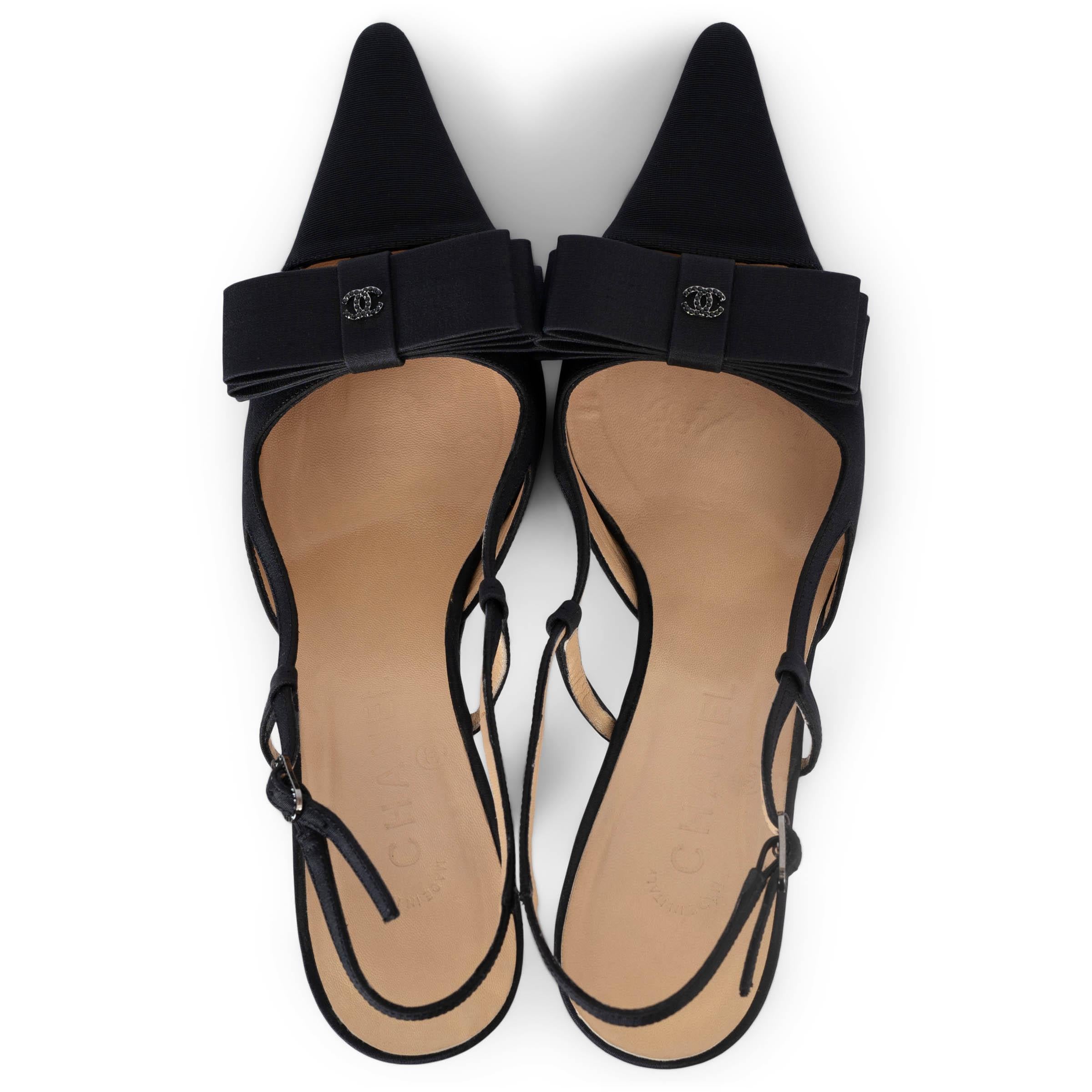 CHANEL soie noire SATIN BOW DETAILED Slingbacks Shoes 39.5 fit 39 2