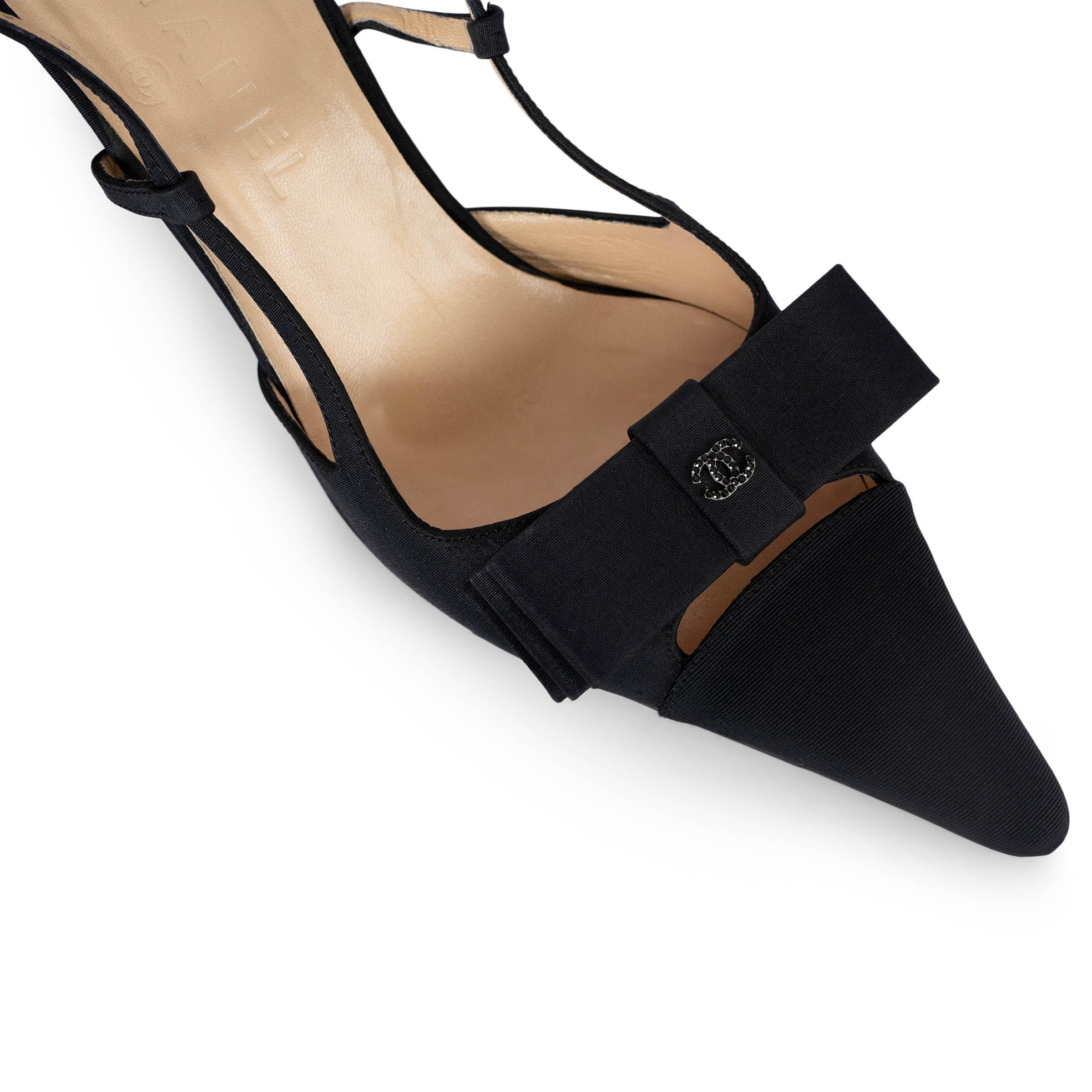 CHANEL soie noire SATIN BOW DETAILED Slingbacks Shoes 39.5 fit 39 3