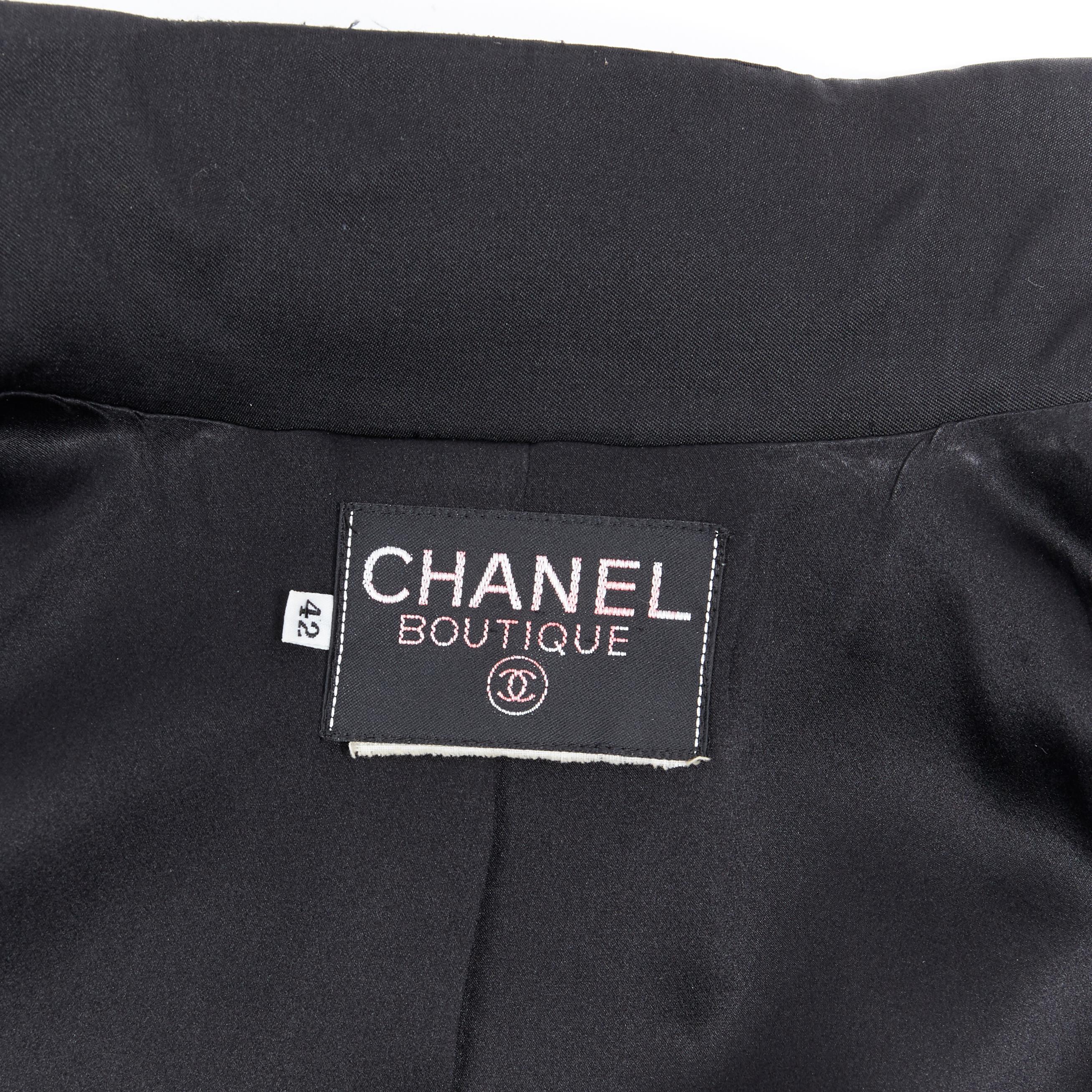 CHANEL black silk satin crepe 4 pockets gold high collar mandarin jacket FR42 For Sale 6