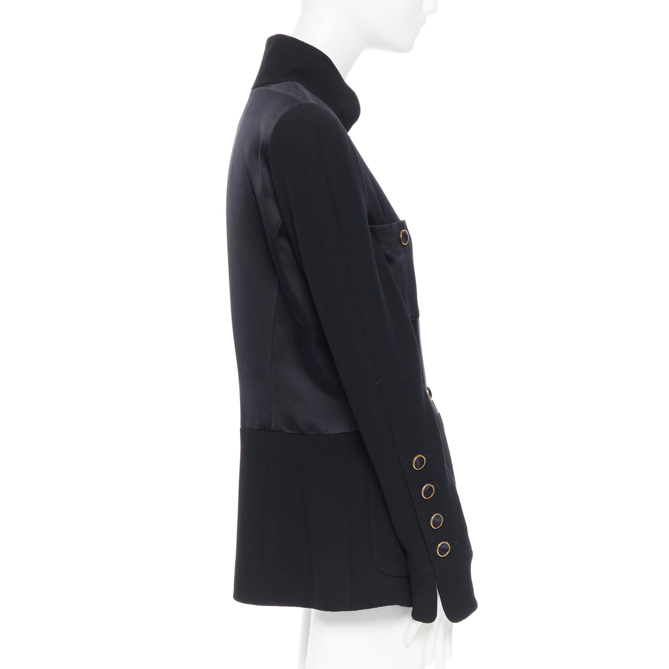 CHANEL black silk satin crepe 4 pockets gold high collar mandarin jacket FR42 For Sale 9