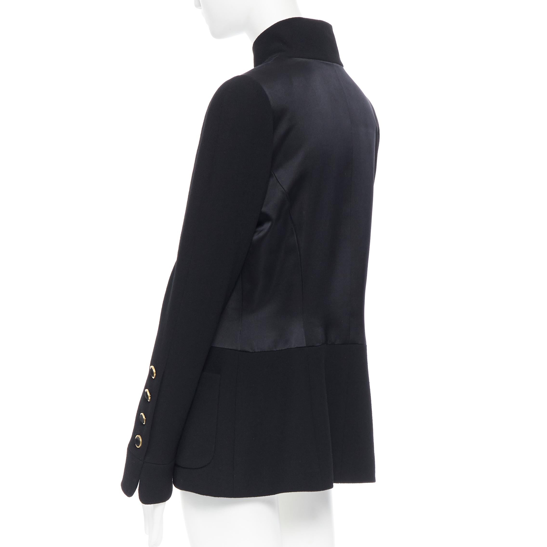 CHANEL black silk satin crepe 4 pockets gold high collar mandarin jacket FR42 For Sale 11