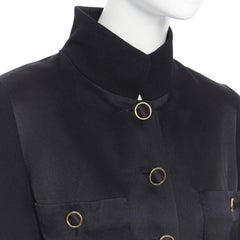 CHANEL black silk satin crepe 4 pockets gold high collar mandarin jacket FR42