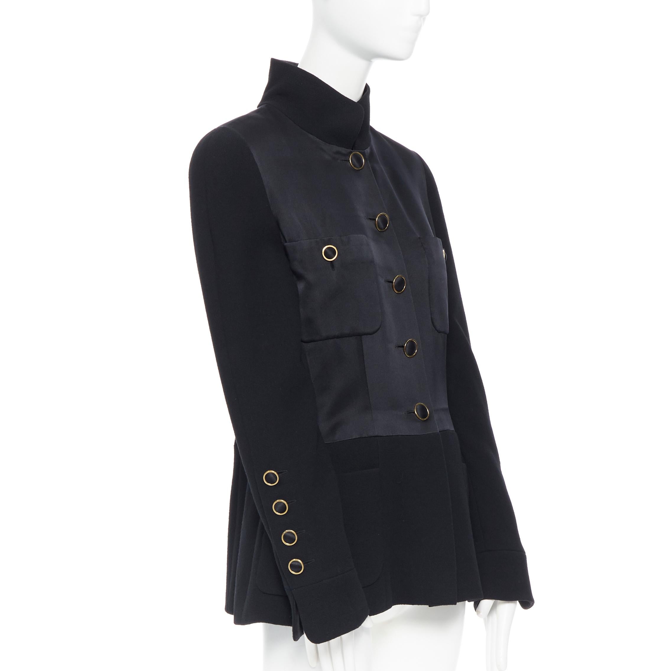 CHANEL black silk satin crepe 4 pockets gold high collar mandarin jacket FR42 In Good Condition For Sale In Hong Kong, NT