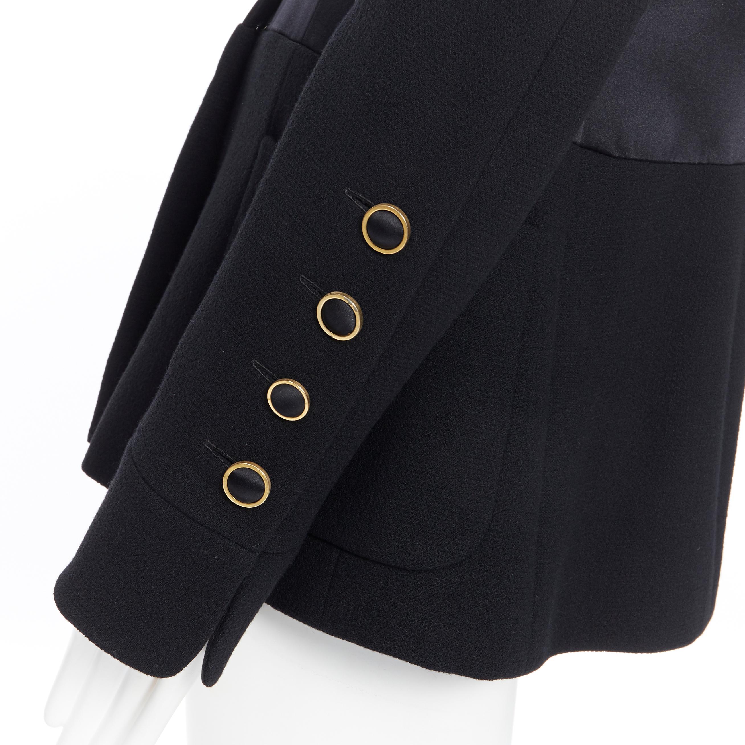 CHANEL black silk satin crepe 4 pockets gold high collar mandarin jacket FR42 For Sale 3