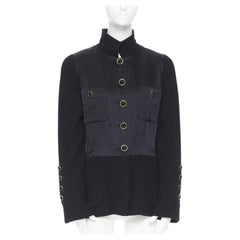 CHANEL black silk satin crepe 4 pockets gold high collar mandarin jacket FR42