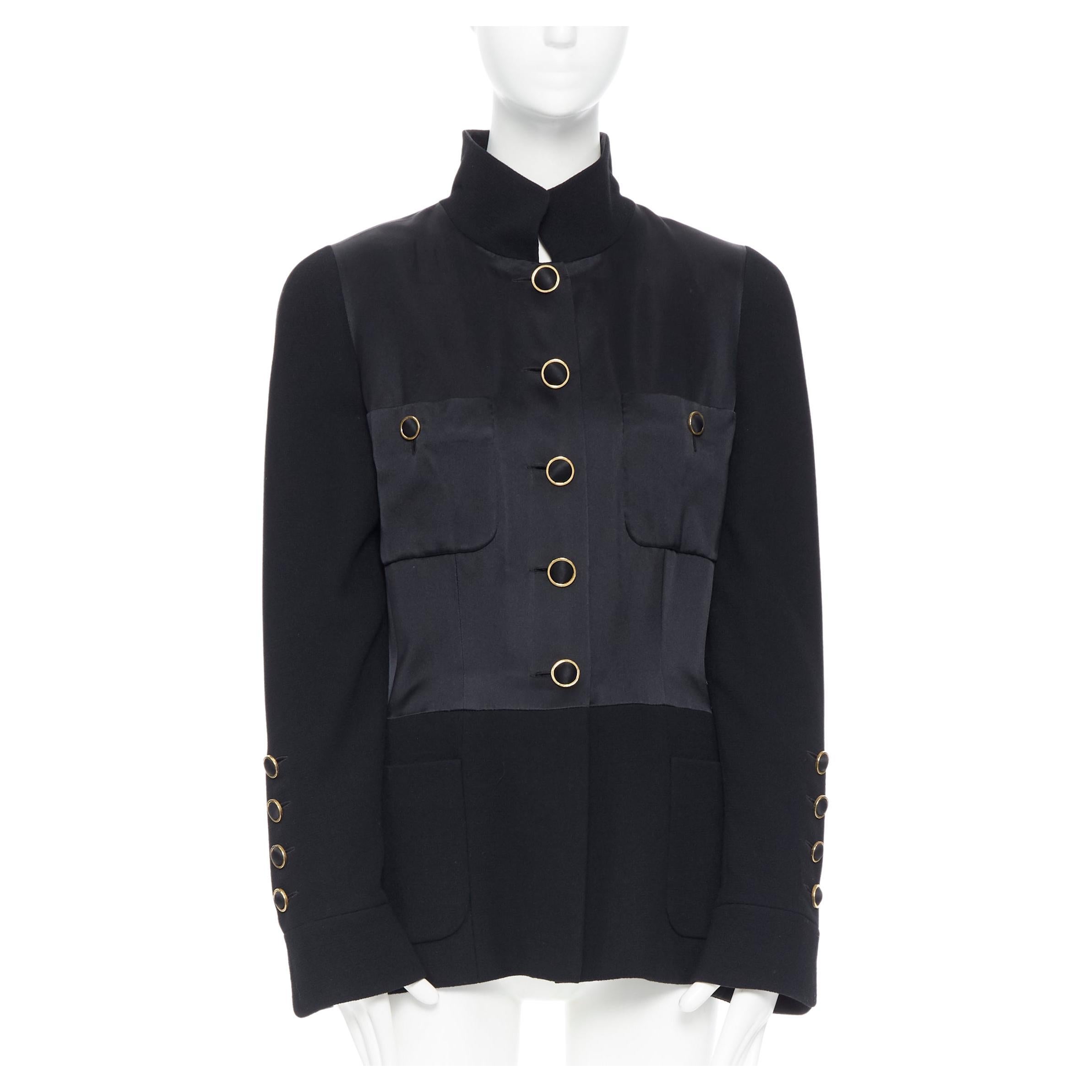 CHANEL black silk satin crepe 4 pockets gold high collar mandarin jacket FR42 For Sale