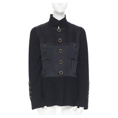 CHANEL black silk satin crepe 4 pockets gold high collar mandarin jacket FR42